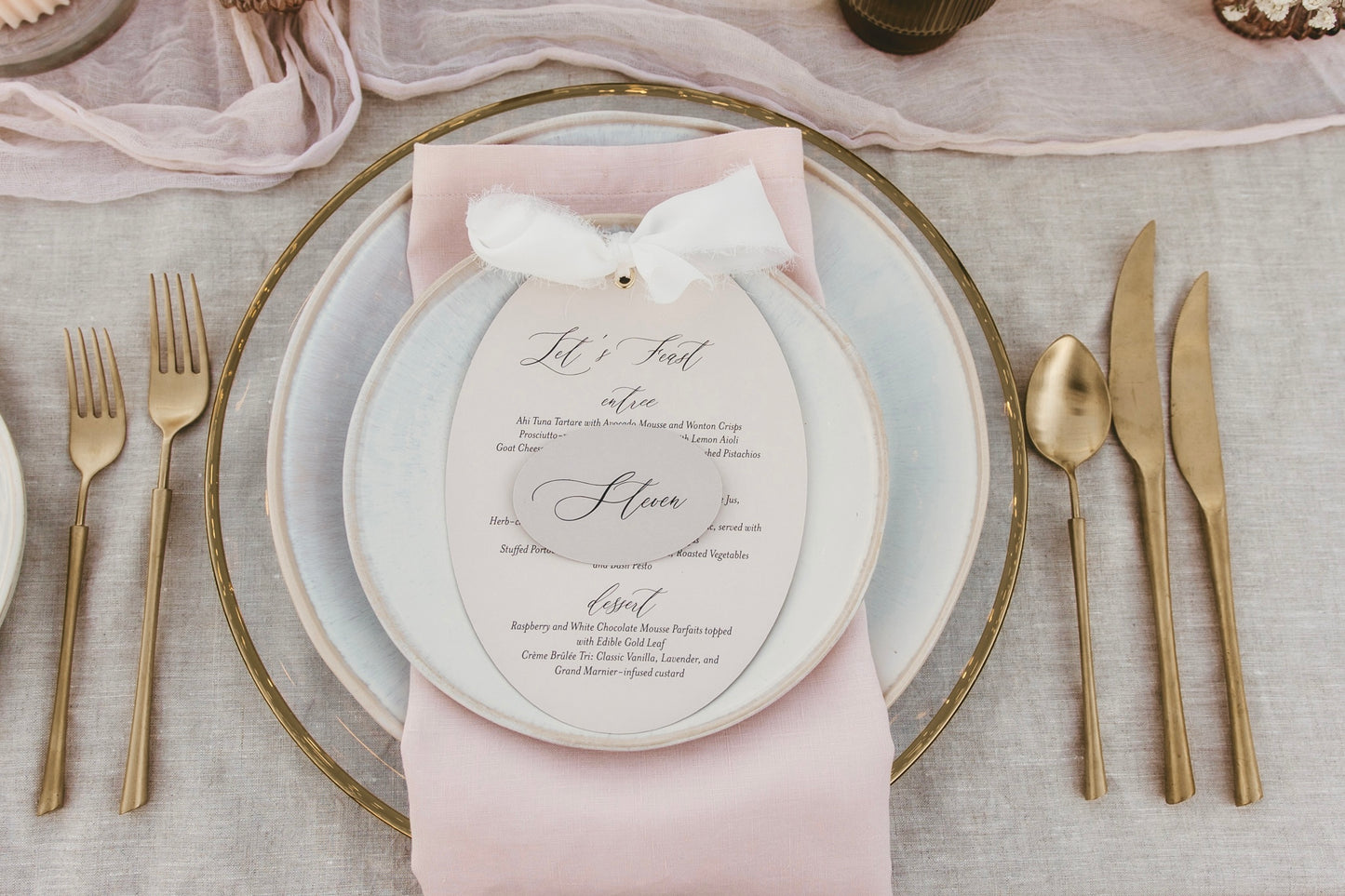 Timeless Oval Ribbon Bow Menu and or placecard