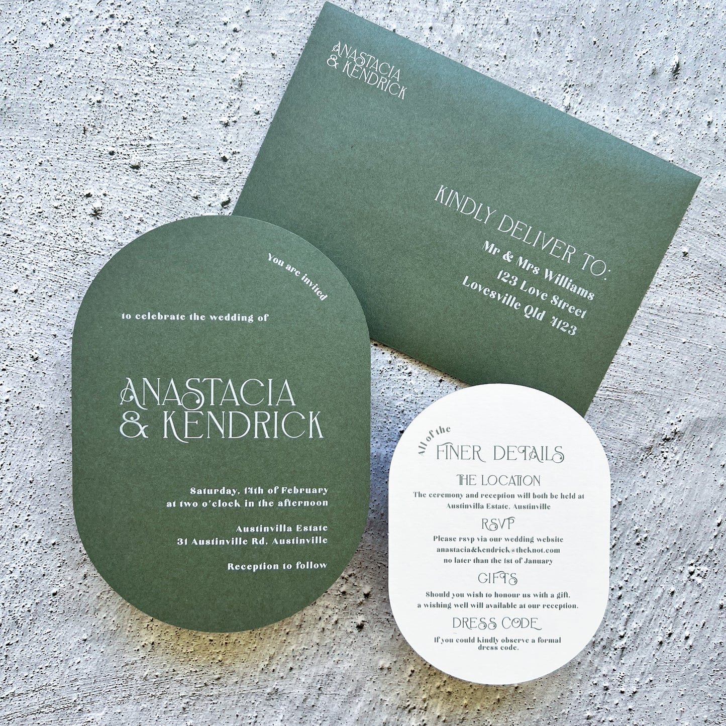 Anastacia Green Oval Wedding Invitation Suite