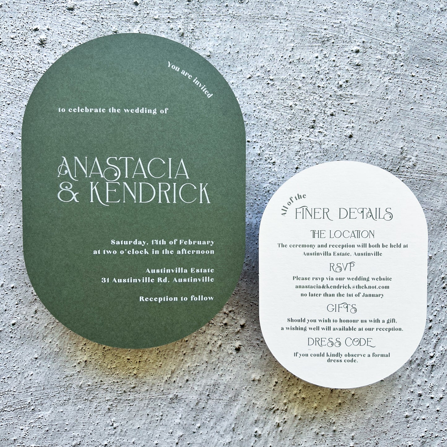 Anastacia Green Oval Wedding Invitation Suite