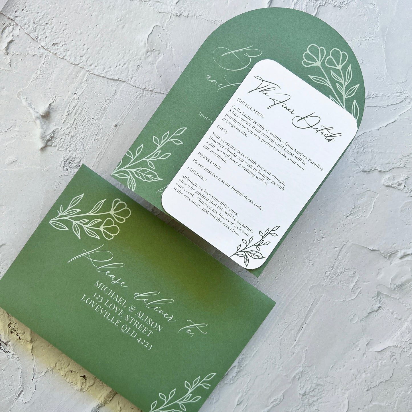 Botanical Invitation Set Sage Green - Arch Invite and Details / RSVP Card