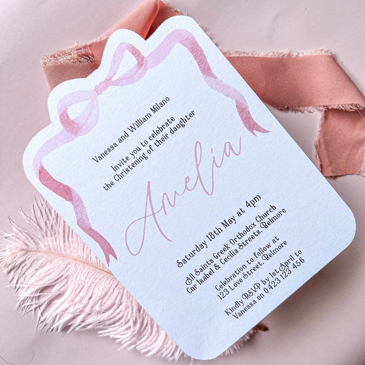Pink Bow Christening, Baptism, Baby Shower, First Birthday Invitation