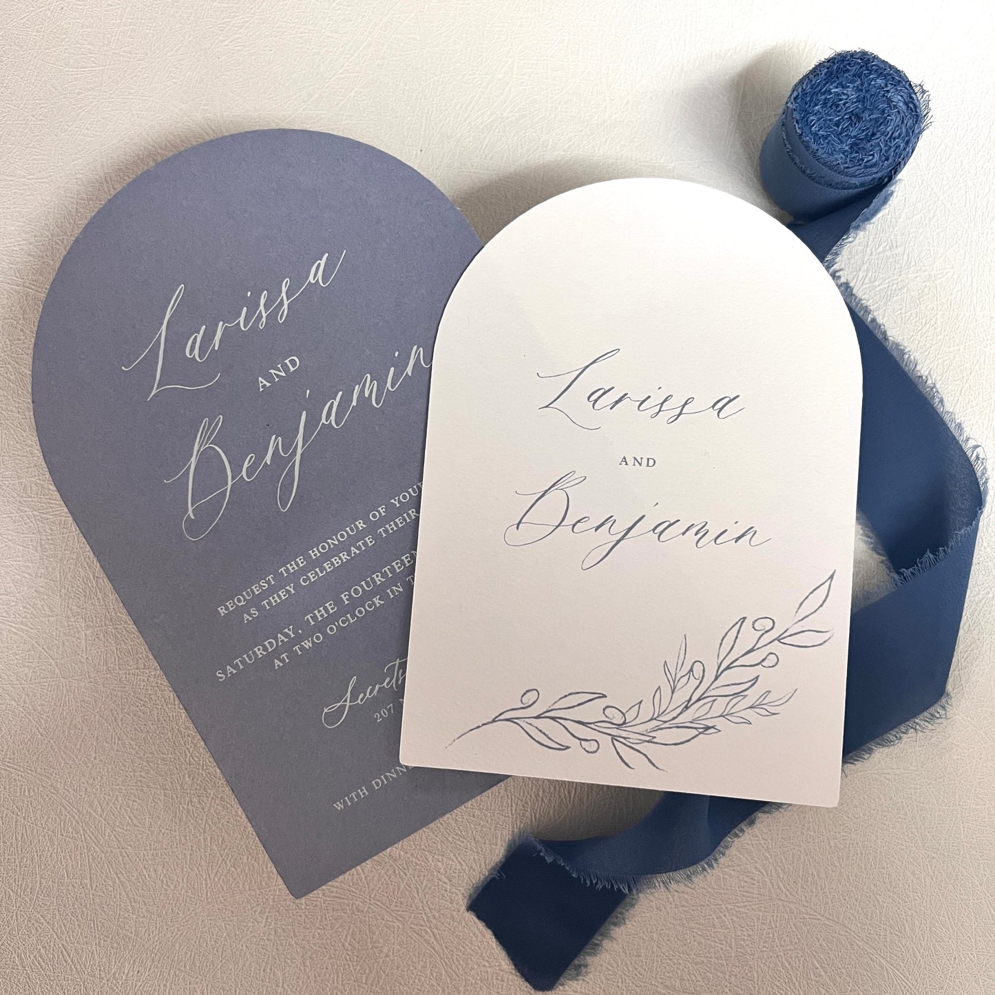 Larissa Arch Dusty Blue Invitation Set - Invite and Details / RSVP Card