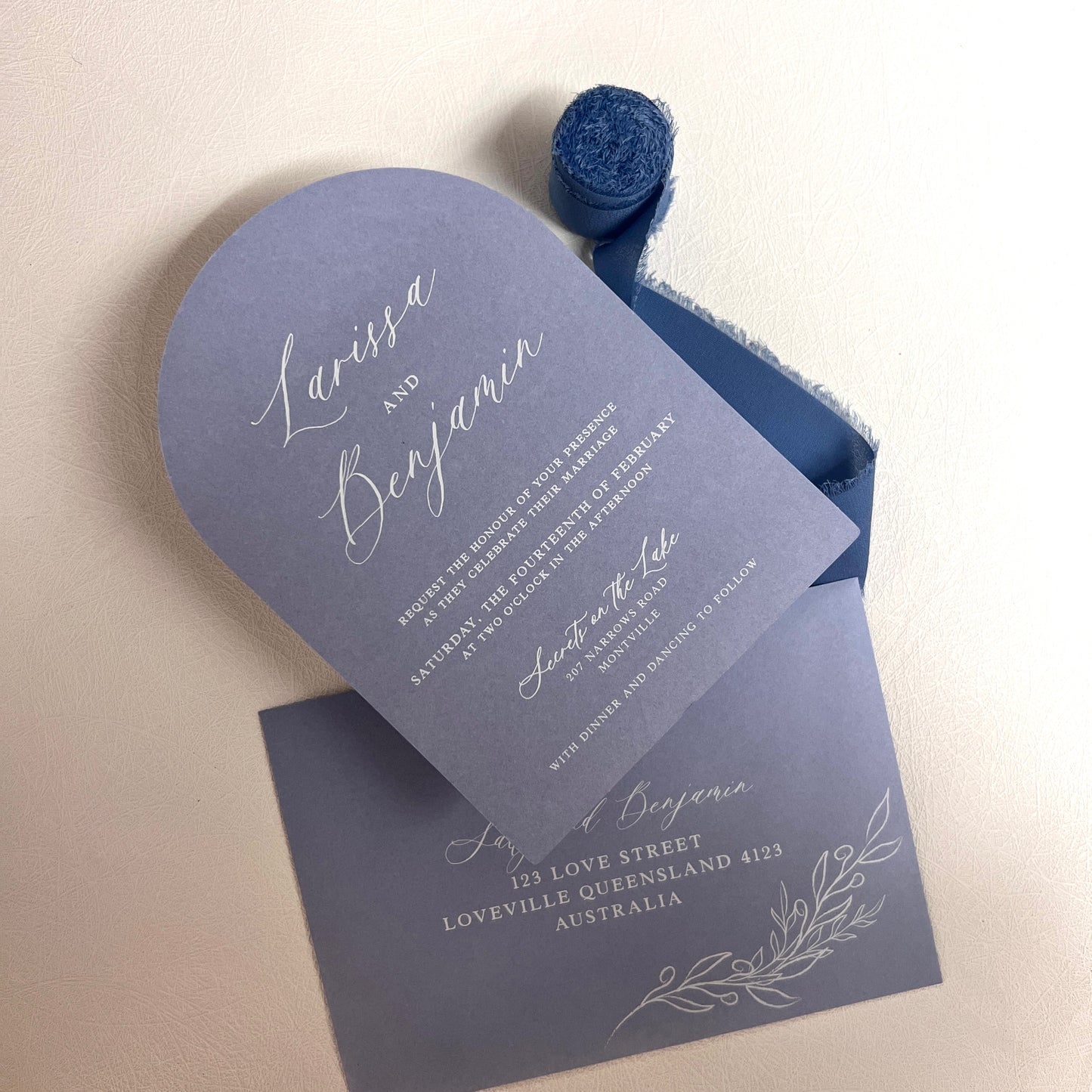 Larissa Arch Dusty Blue Invitation Set - Invite and Details / RSVP Card