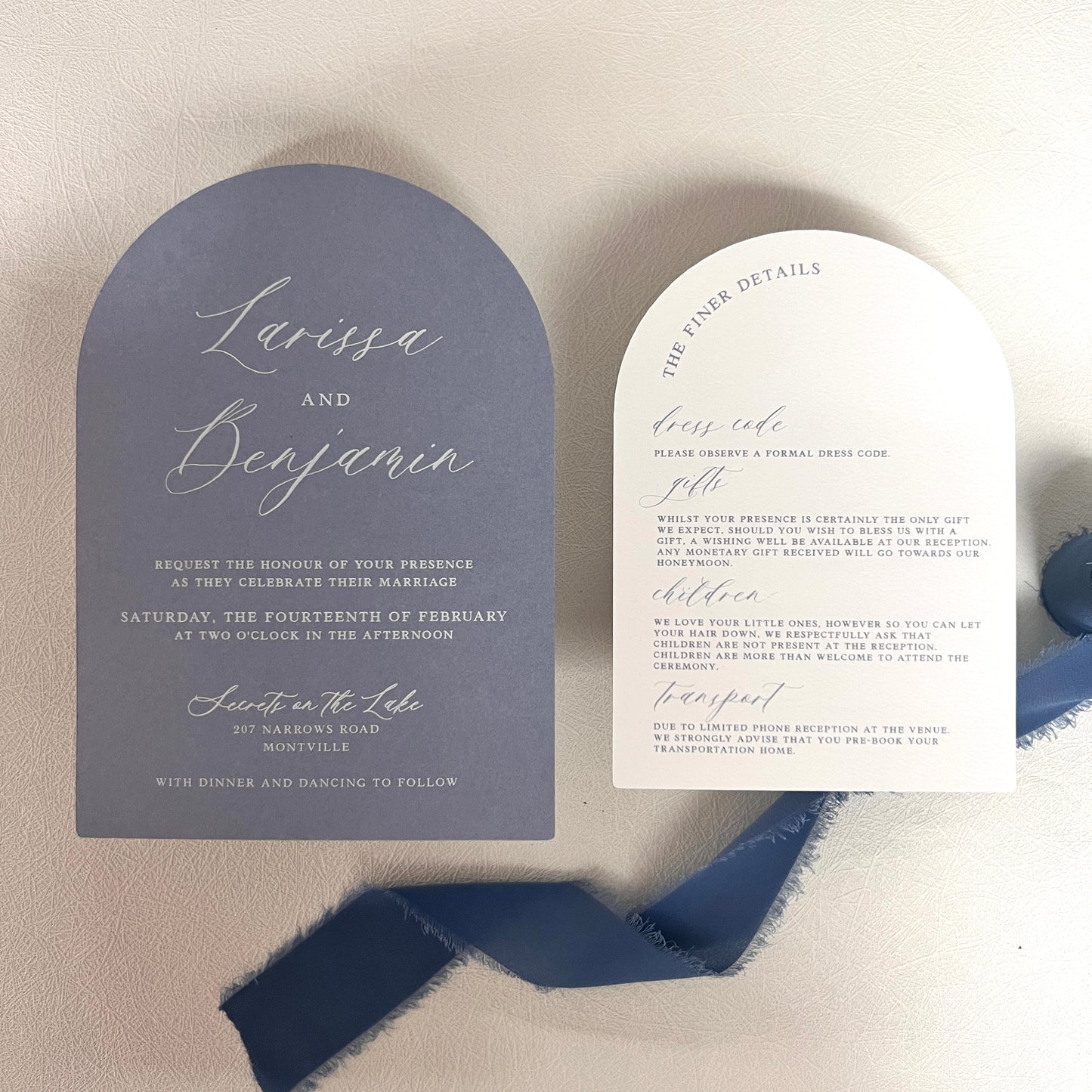 Larissa Arch Dusty Blue Invitation Set - Invite and Details / RSVP Card