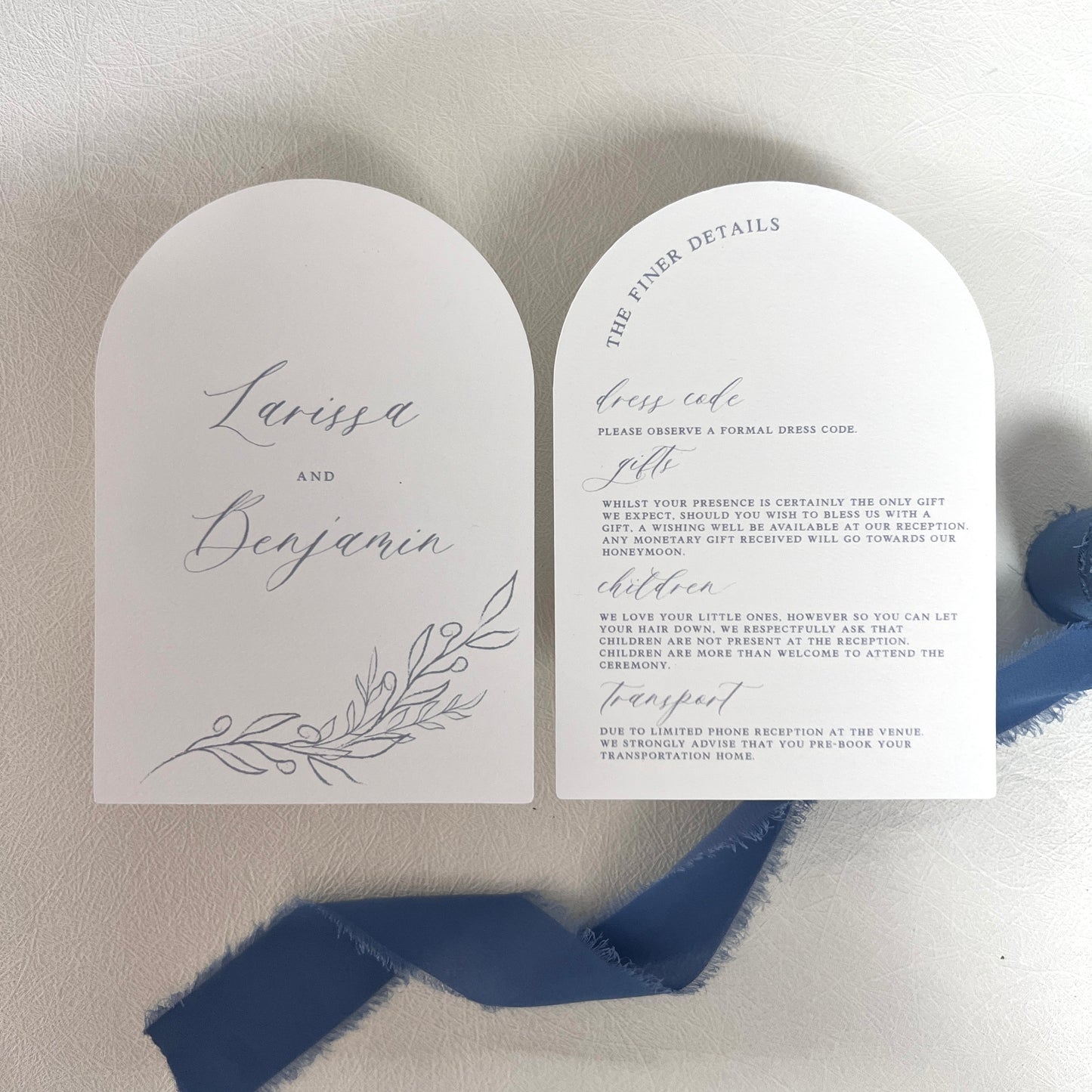 Larissa Arch Dusty Blue Invitation Set - Invite and Details / RSVP Card