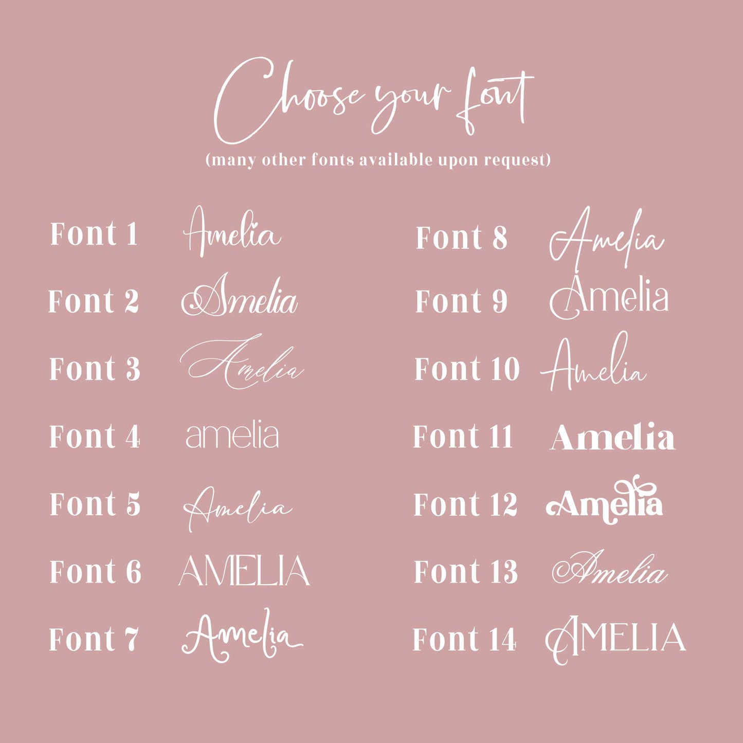 Comparison of different font styles for the name 'Amelia' on a pink background.