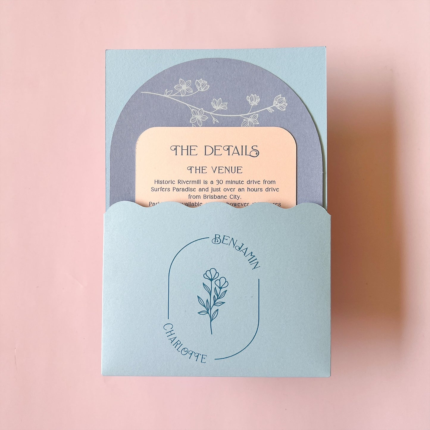 Happily Ever After Wave Pocket Arch Invitation Dusty Blue and Blush Pink or choose your colours