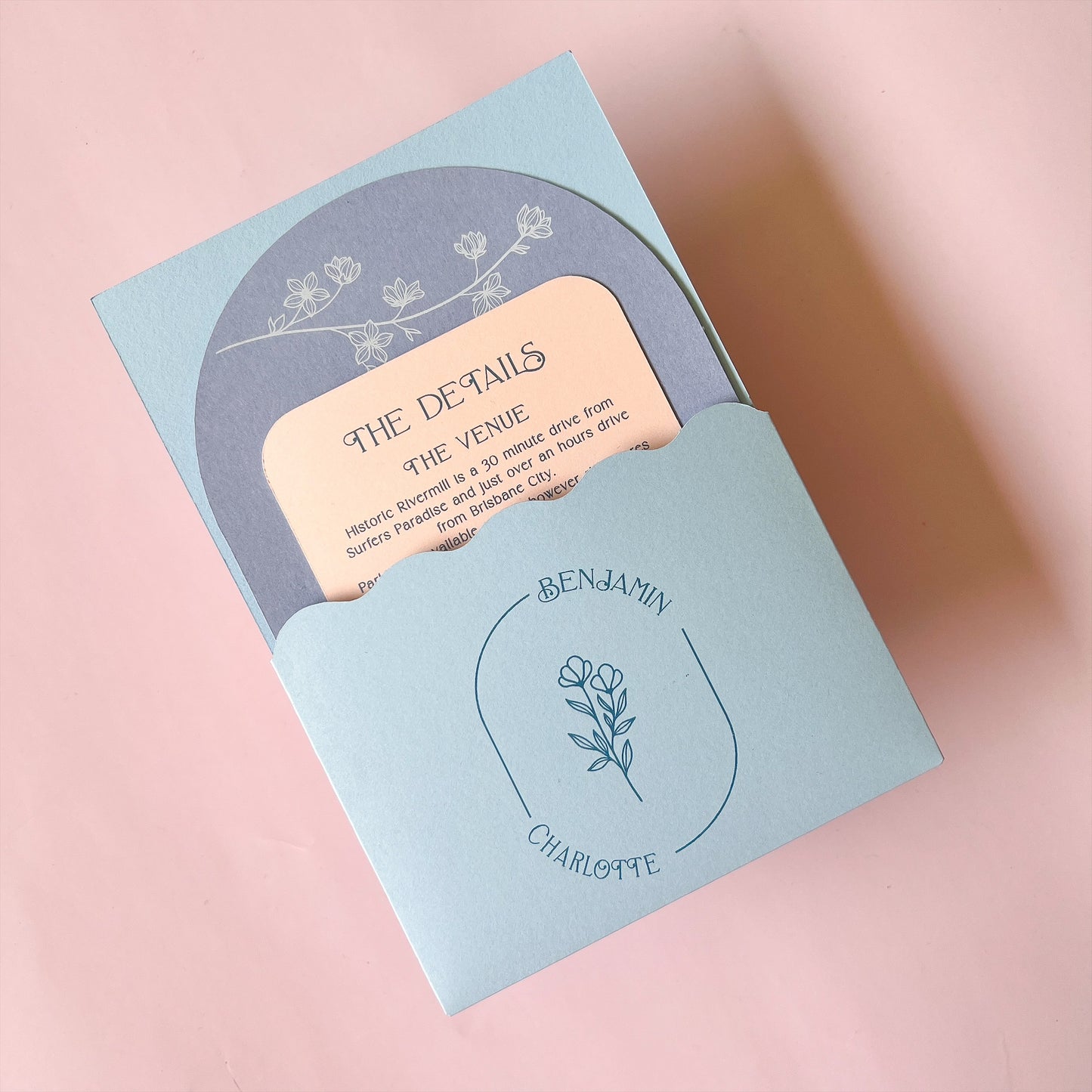 Happily Ever After Wave Pocket Arch Invitation Dusty Blue and Blush Pink or choose your colours