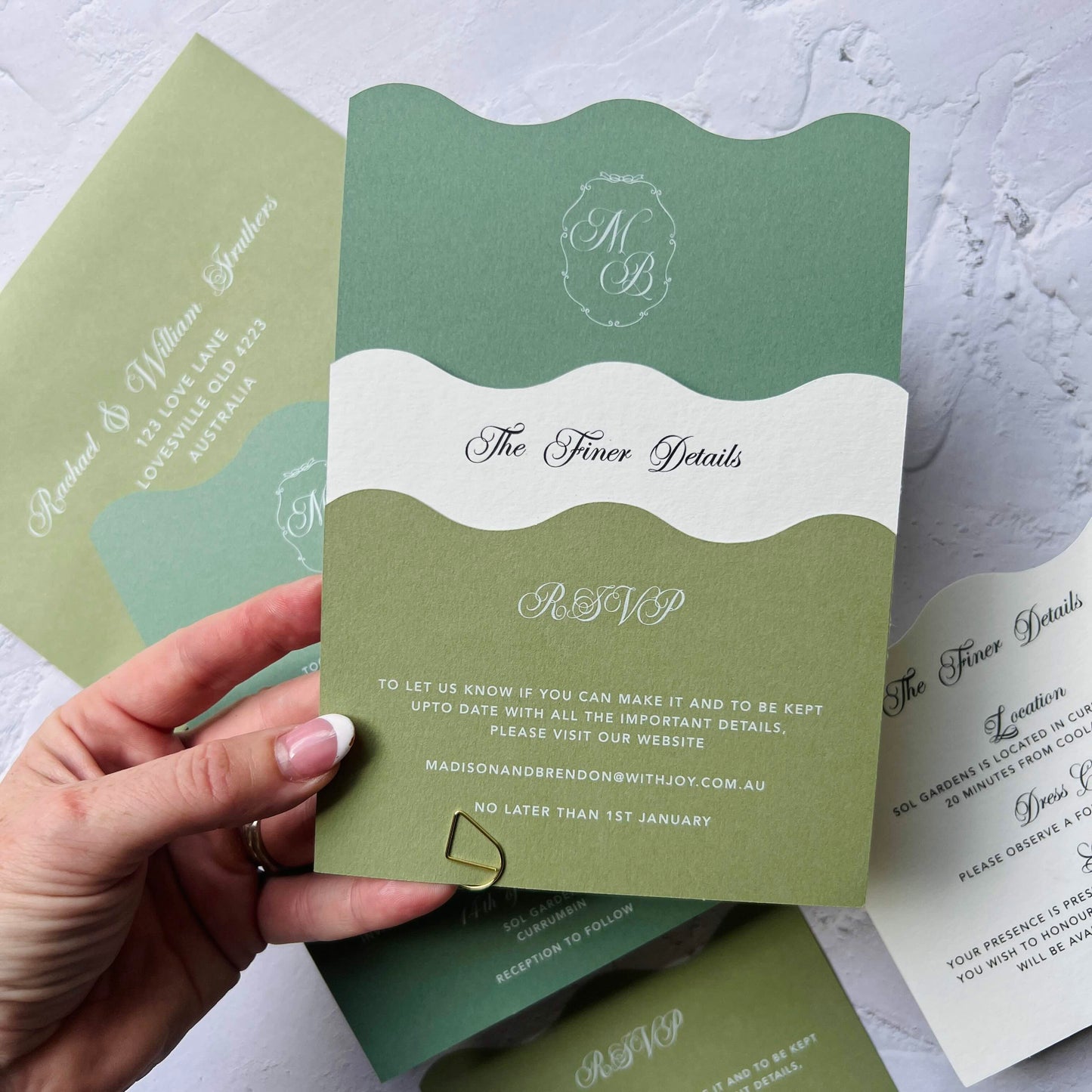 Harmonious Wavy Layered Wedding Invitation Suite- Greens