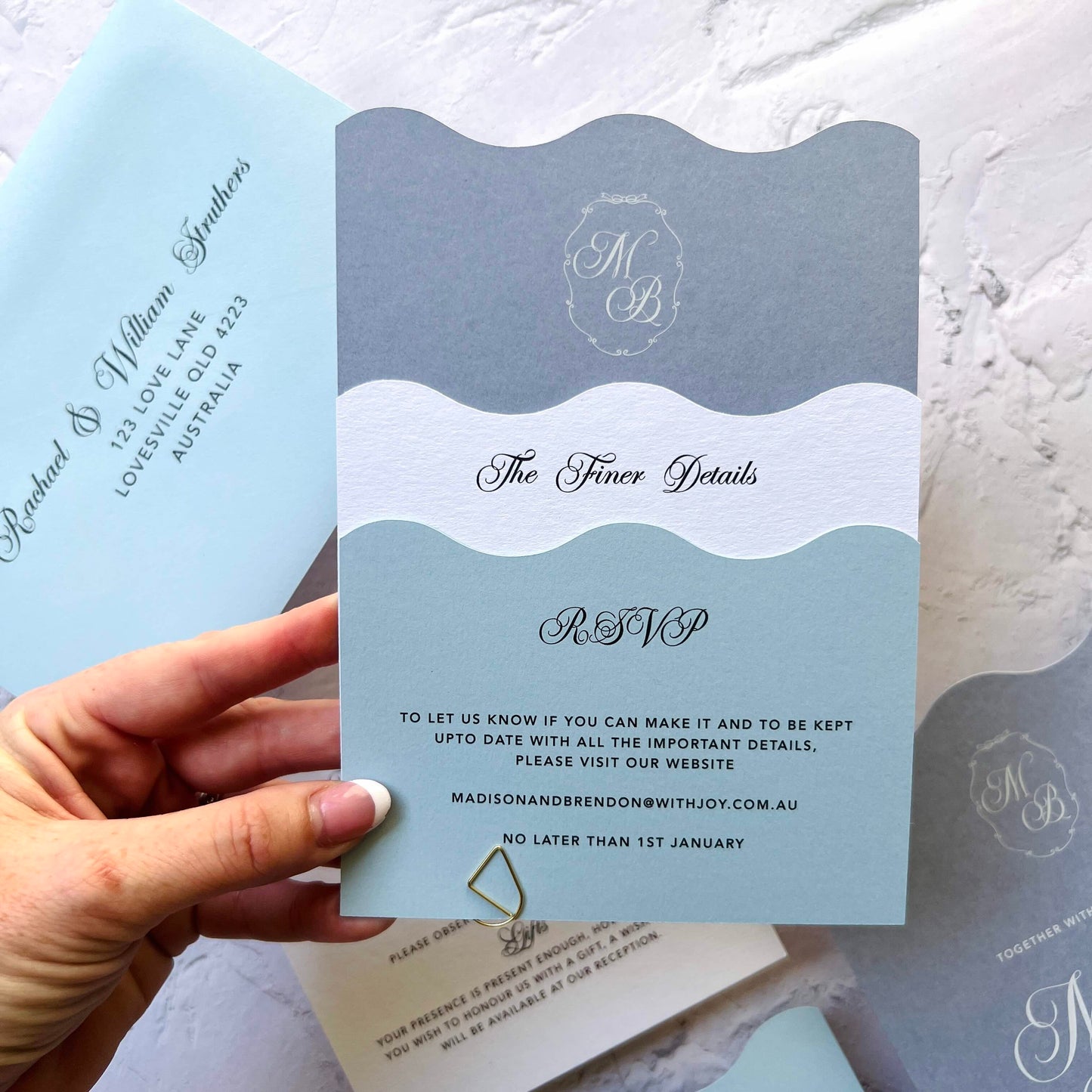Harmonious Wavy Layered Wedding Invitation Suite- Dusty Blues