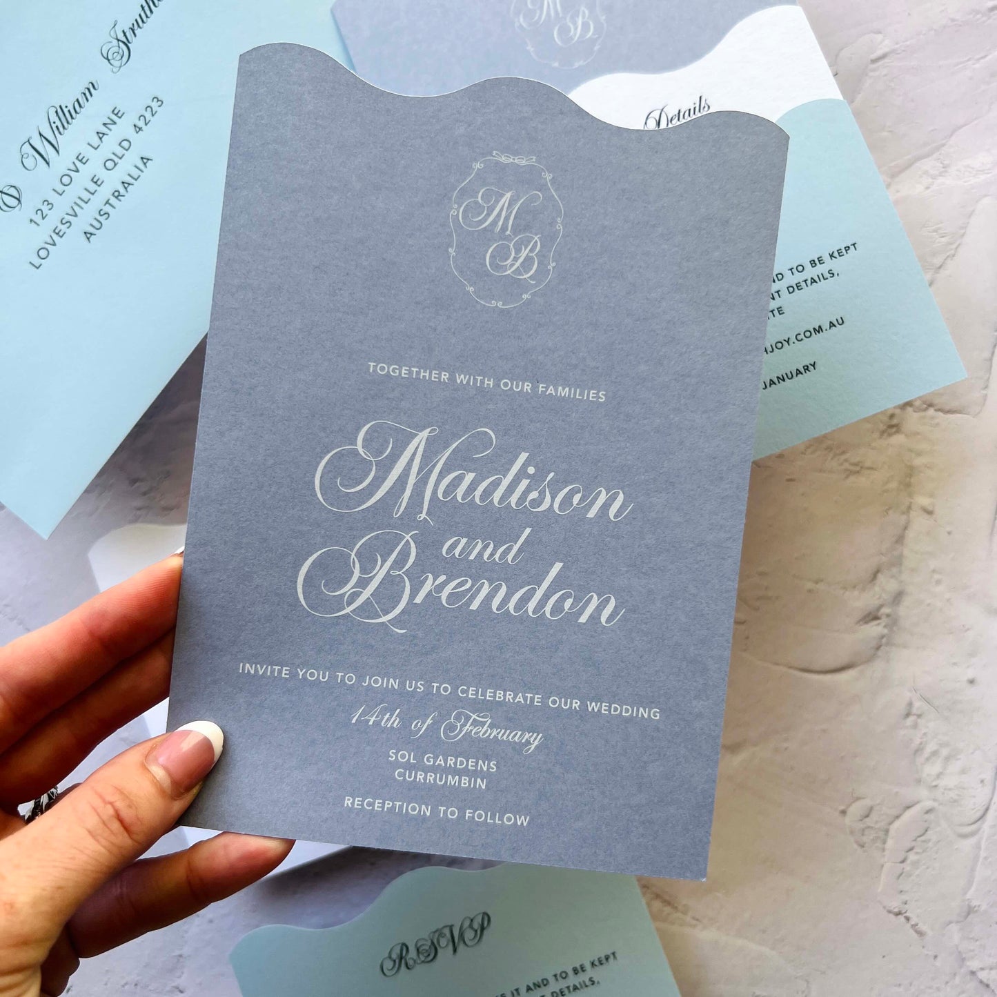 Harmonious Wavy Layered Wedding Invitation Suite- Dusty Blues