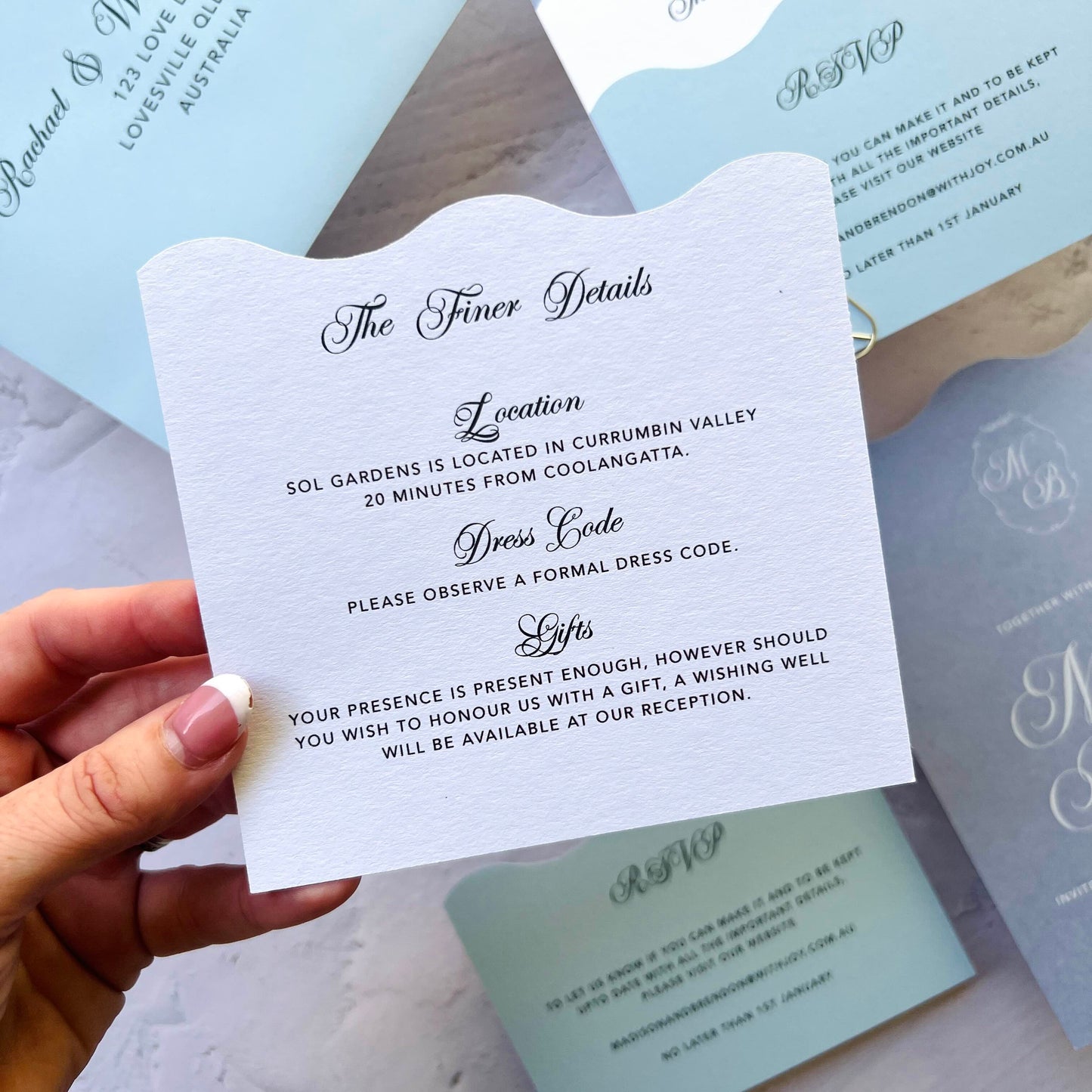 Harmonious Wavy Layered Wedding Invitation Suite- Dusty Blues