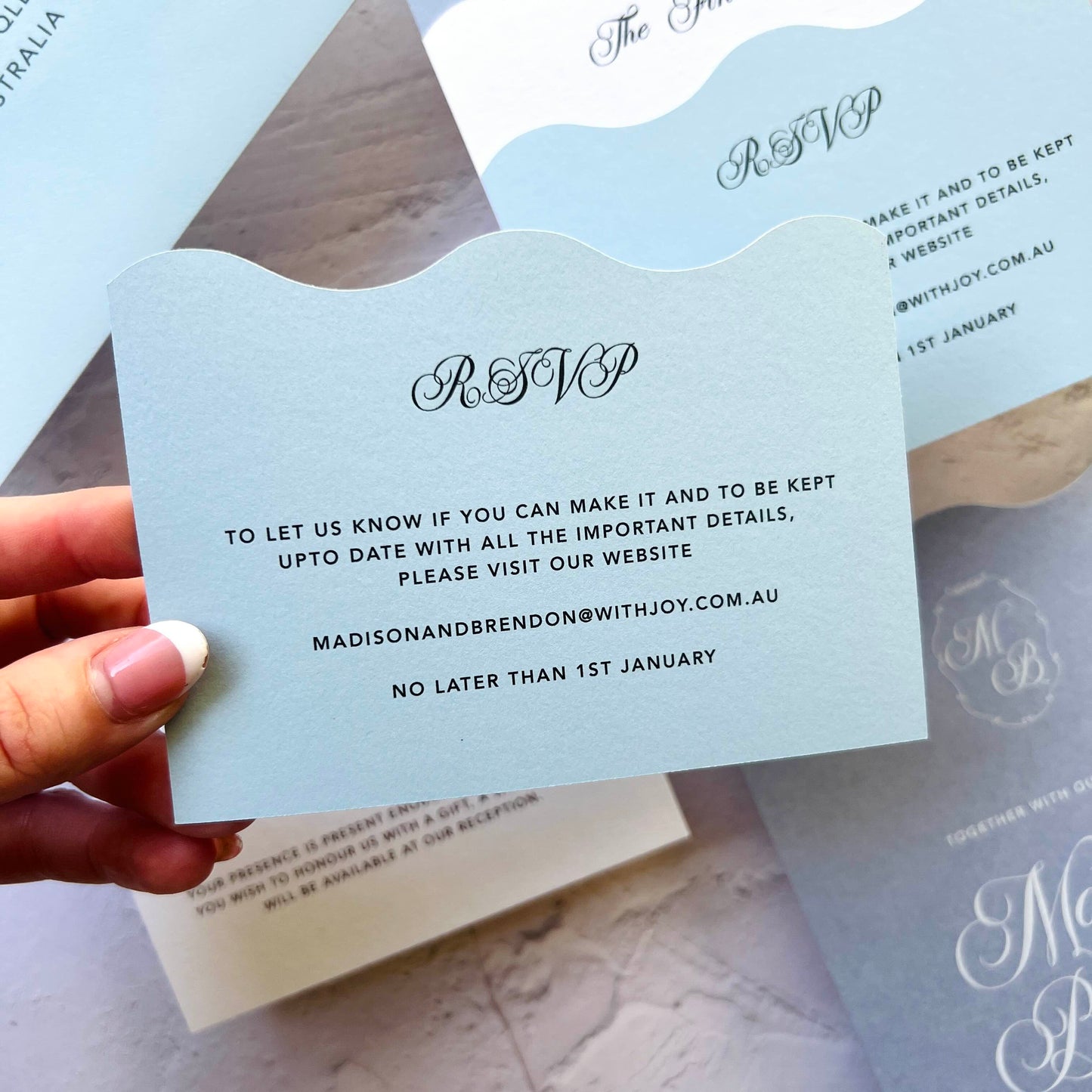 Harmonious Wavy Layered Wedding Invitation Suite- Dusty Blues