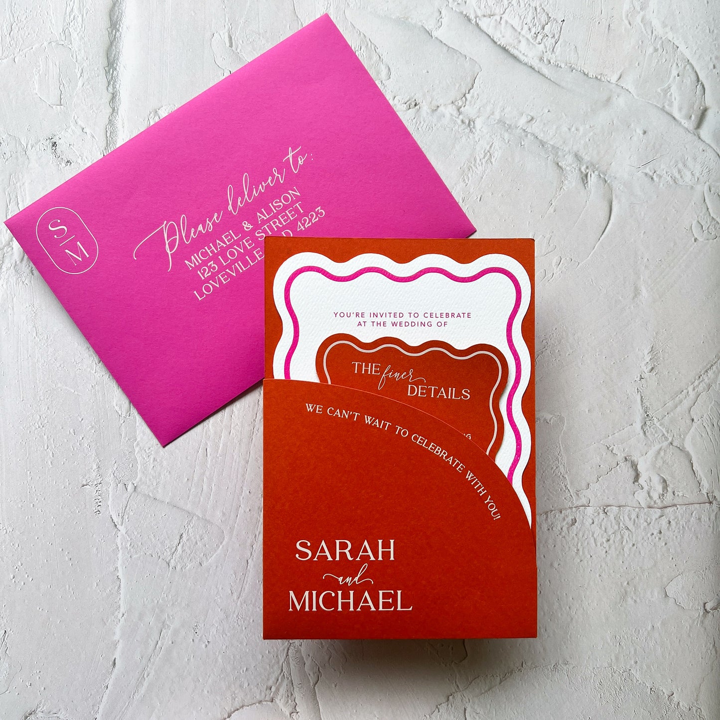 Allure Wave Pocket Arch Invitation Burnt Orange and Hot Pink