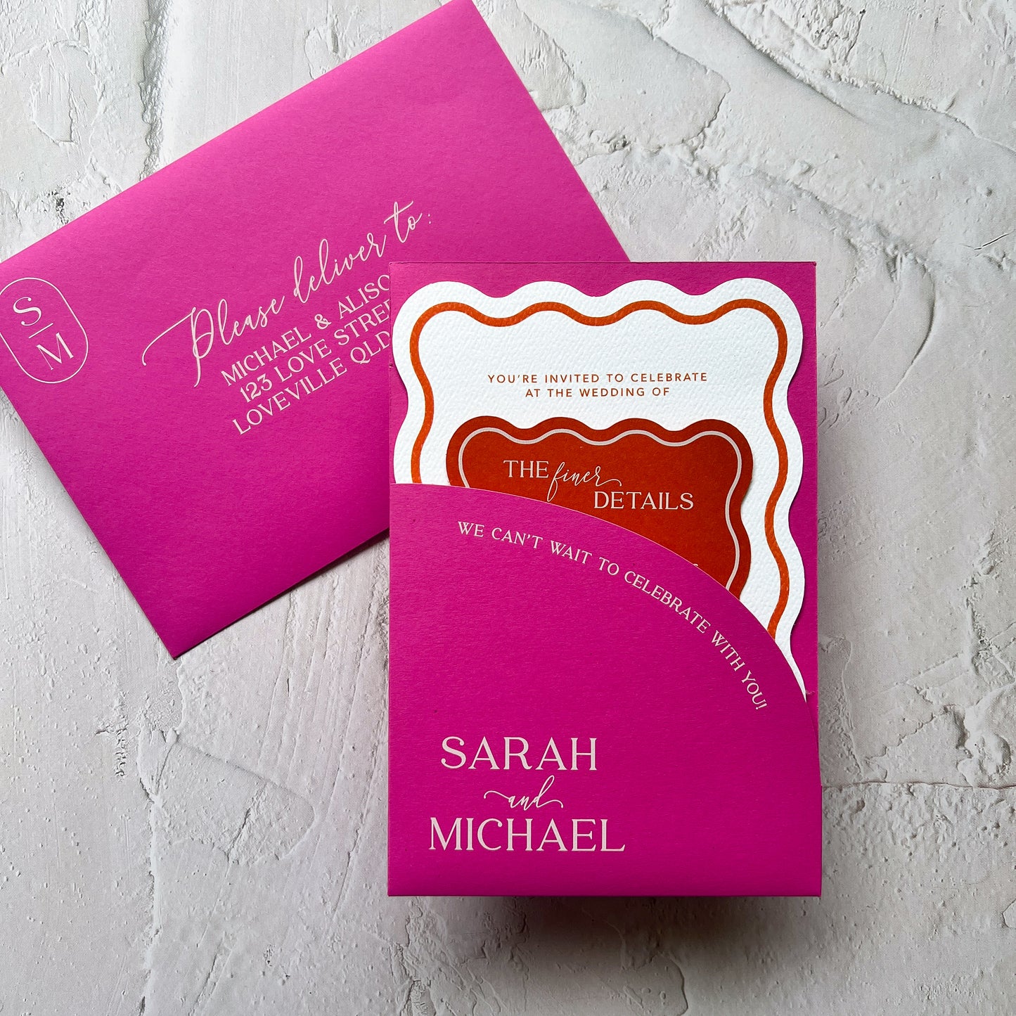 Allure Wave Pocket Arch Invitation Hot Pink and Burnt Orange