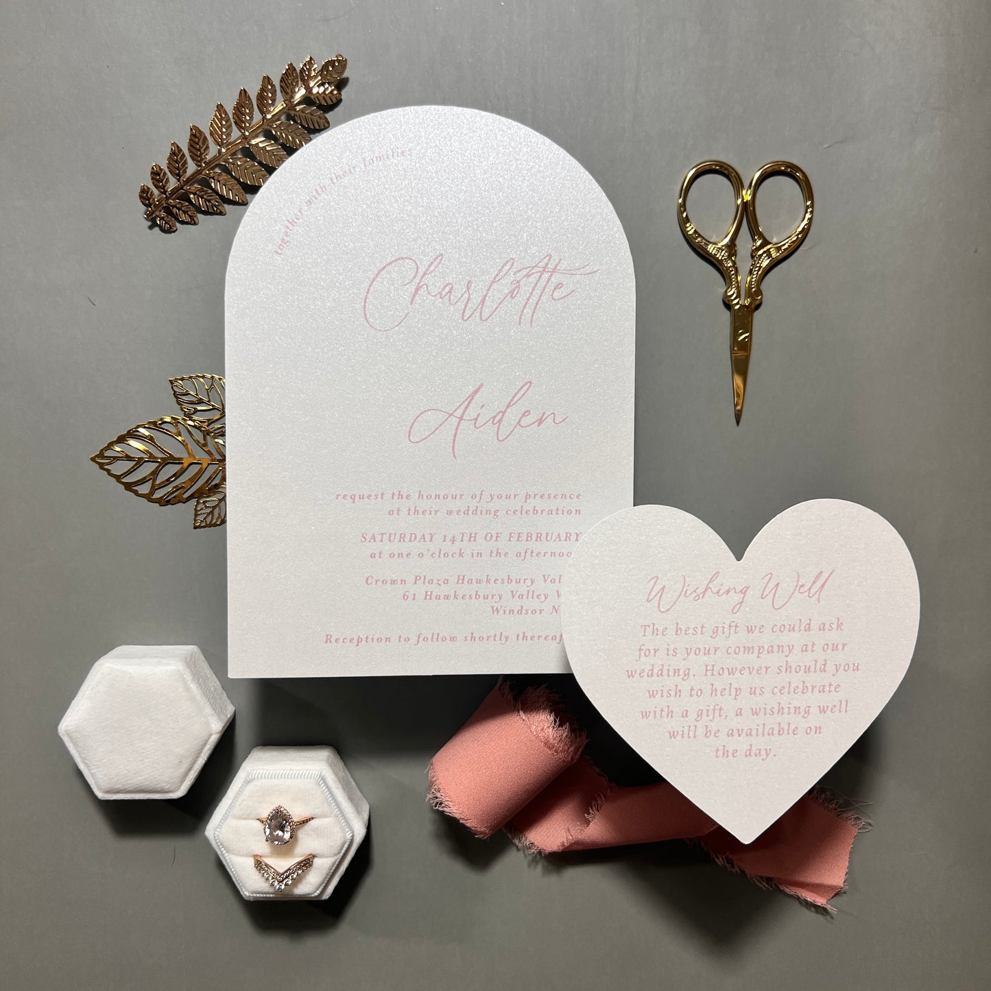 Arch and heart shaped printed wedding invitation dusty pink and white