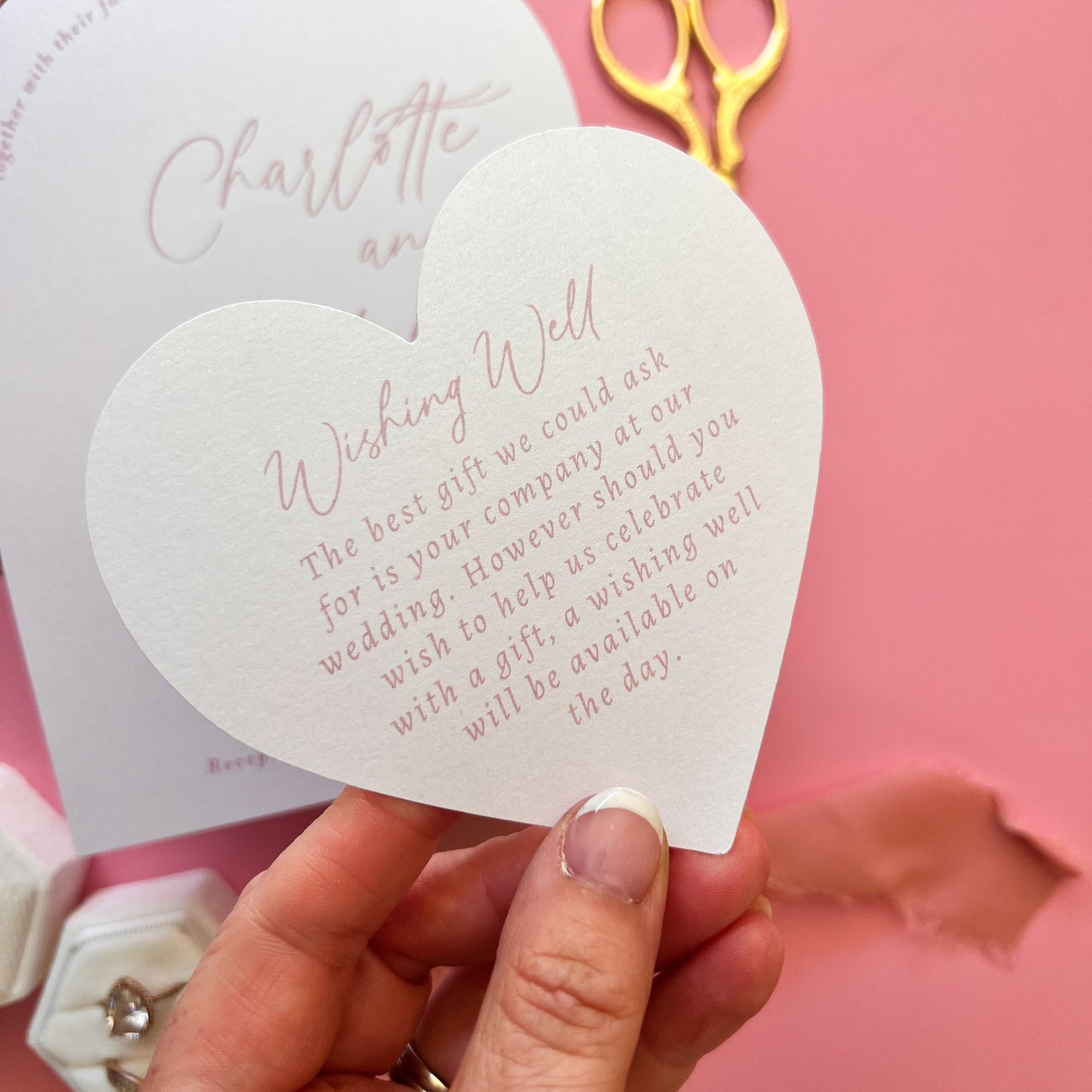 Arch and heart shaped printed wedding invitation dusty pink and white