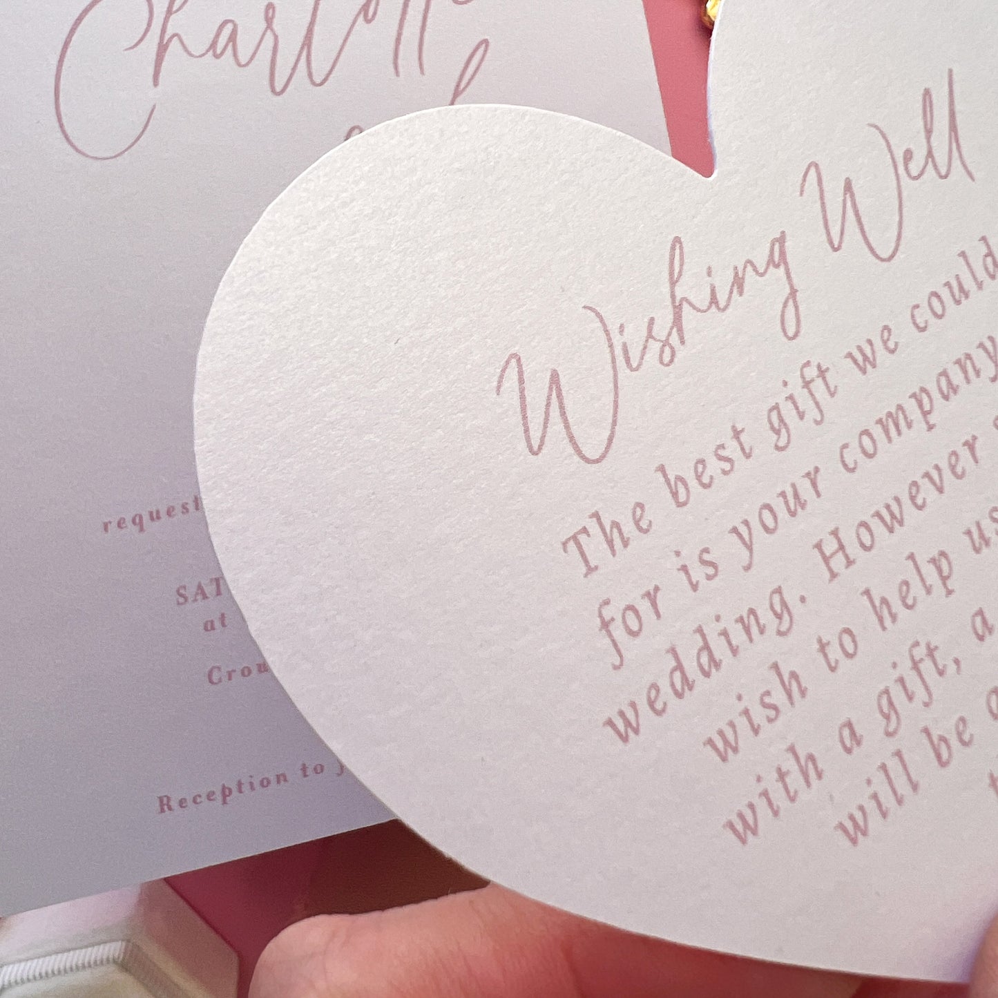 Arch and heart shaped printed wedding invitation dusty pink and white