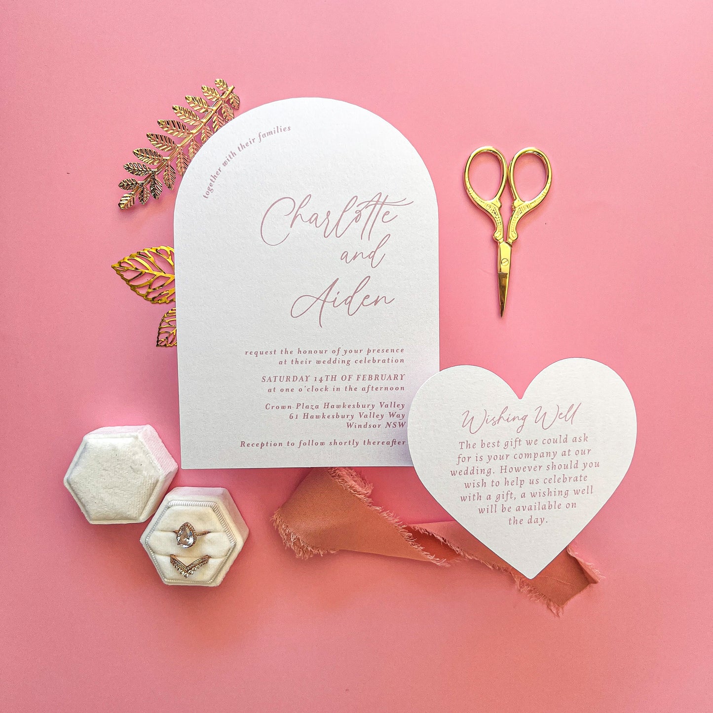 Arch and heart shaped printed wedding invitation dusty pink and white