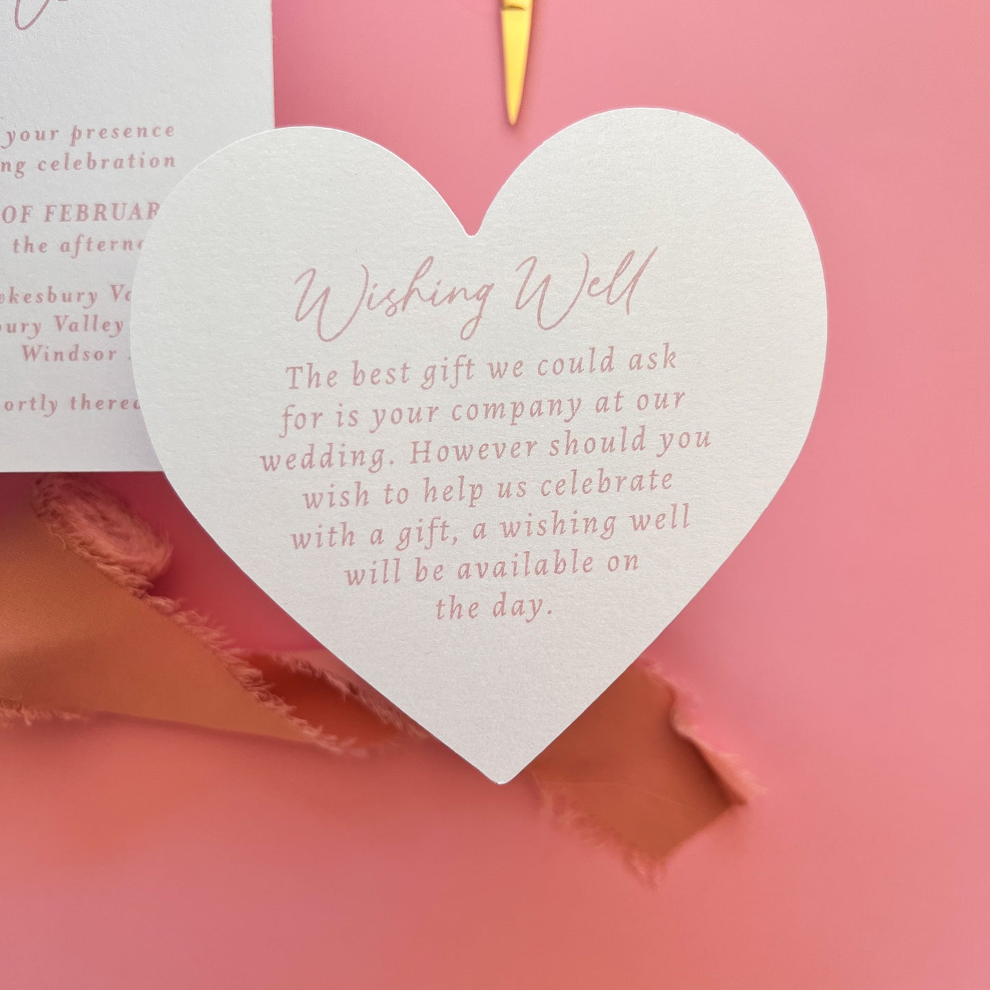 Arch and heart shaped printed wedding invitation dusty pink and white