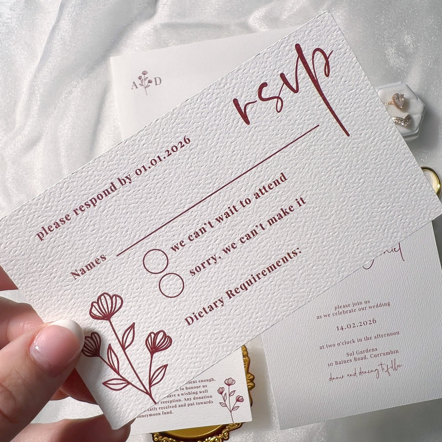 Burgundy and White Arch Wedding Invitation RSVP