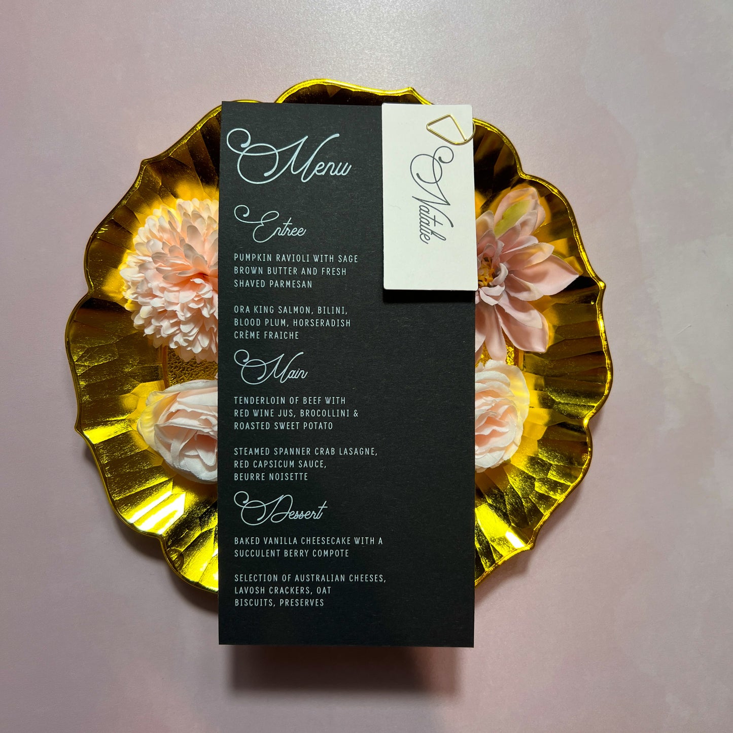 Black wedding menu with white ink printing and place card name tag