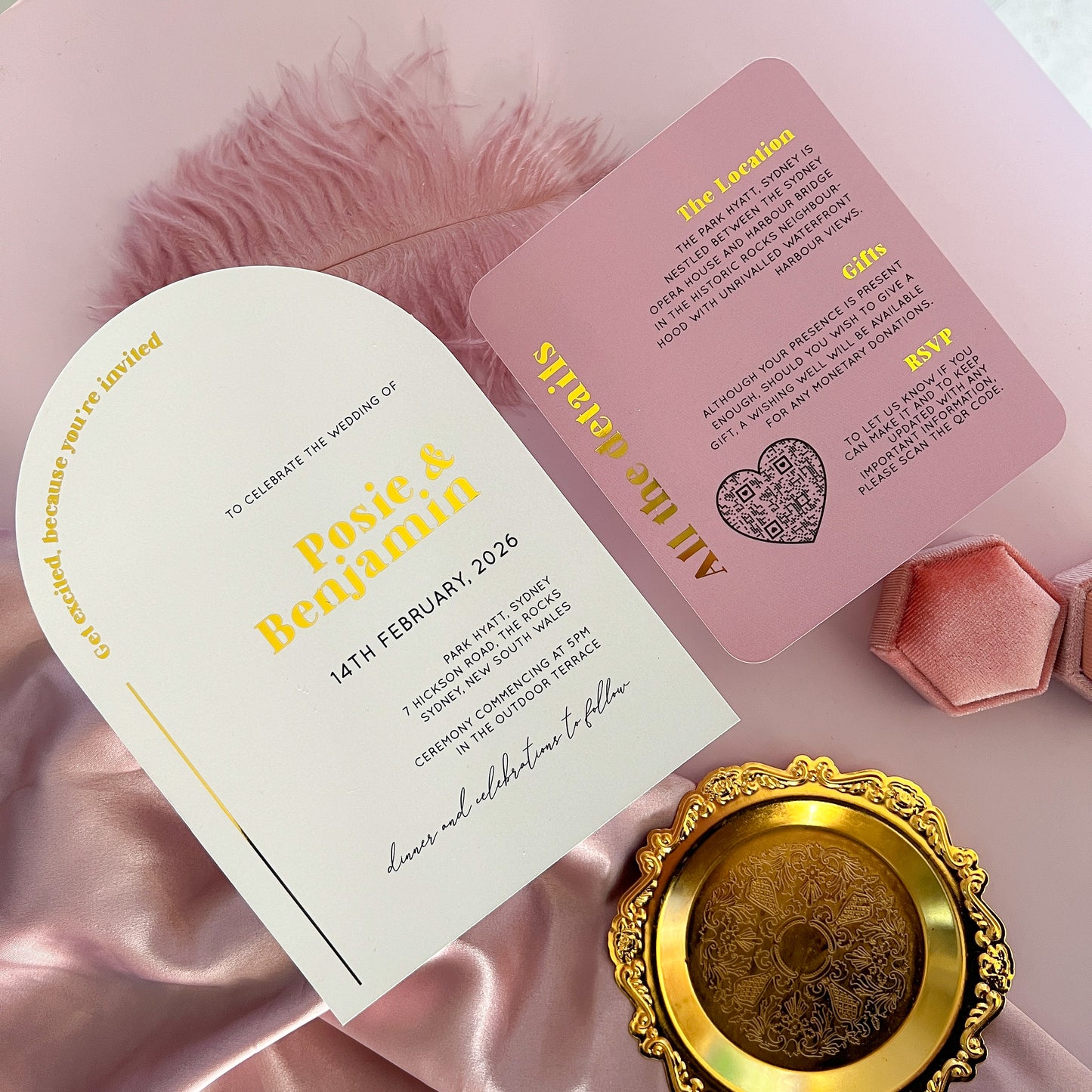 Posie Gold Foil arch shaped wedding or event invitation with dusty pink details card