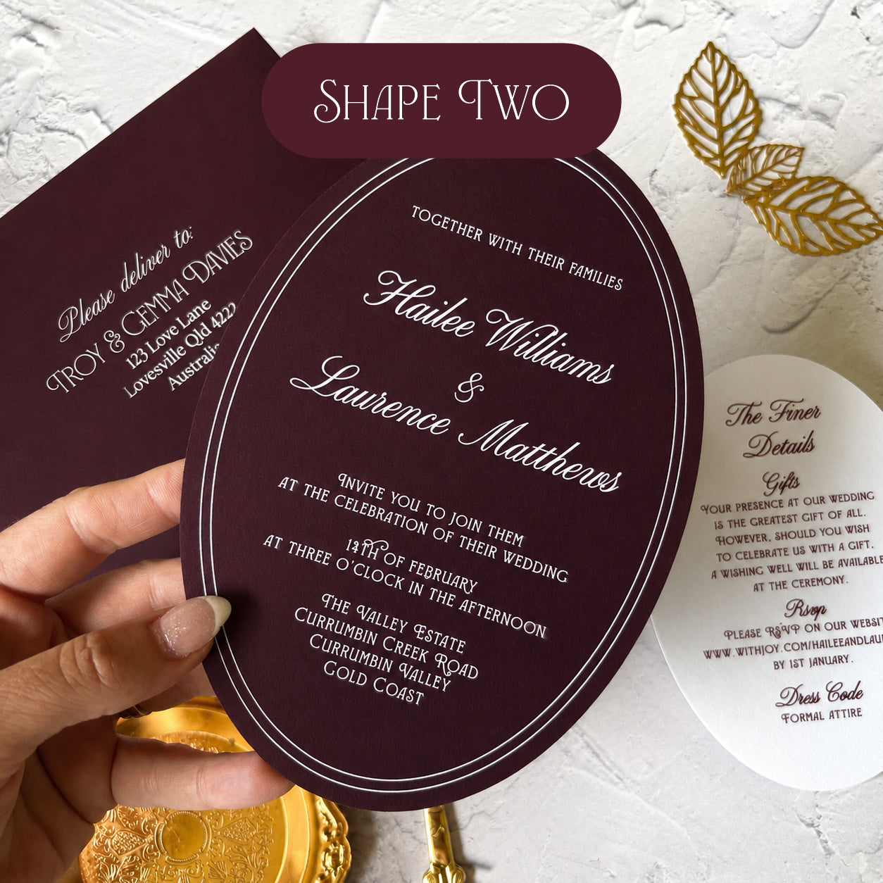 Prestige Burgundy Die Cut Wedding Invitation Set- Choose your shape and colour