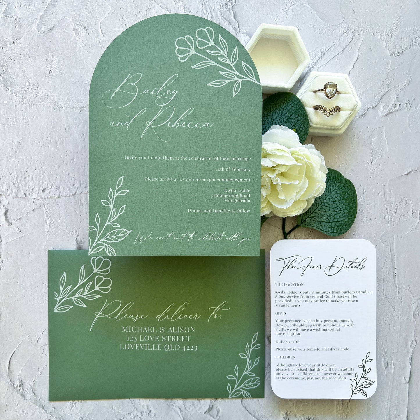 Botanical Invitation Set Sage Green - Arch Invite and Details / RSVP Card