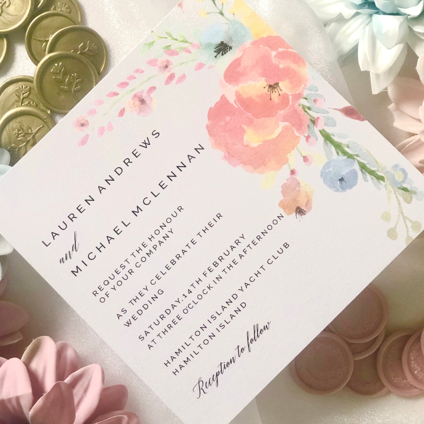 Lauren Rustic Watercolour Flower Wedding Invitation - Glitzy Prints