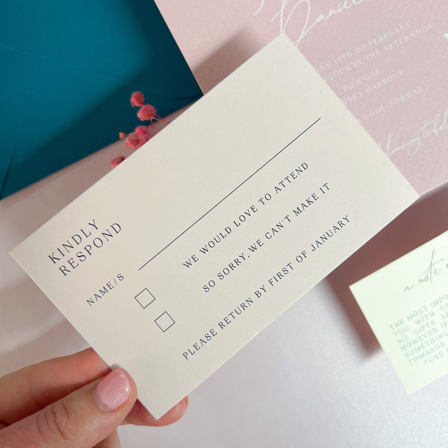 Bella White Ink Dusty Pink Invitation Suite - Glitzy Prints