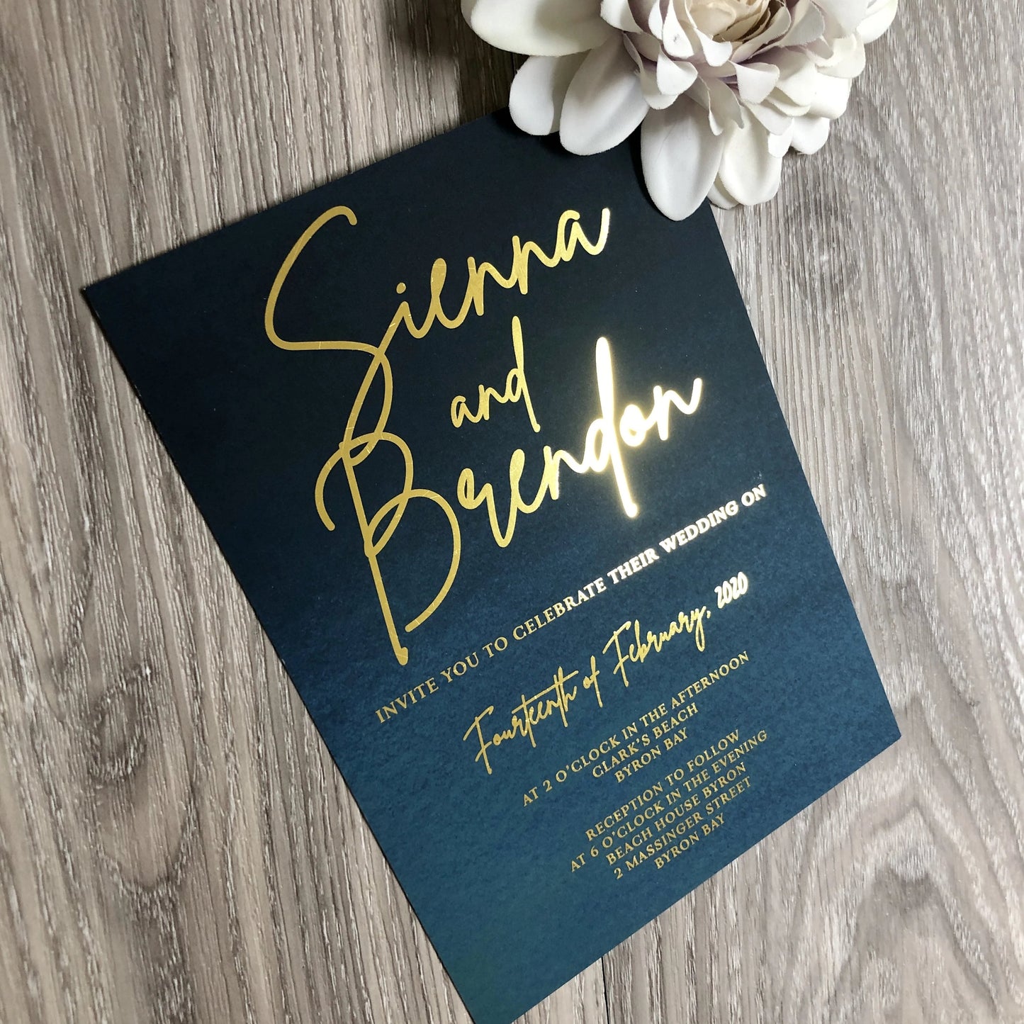 "Sienna Moody Blues" Navy Turquoise Ombre Watercolour Foil Invitation - Glitzy Prints