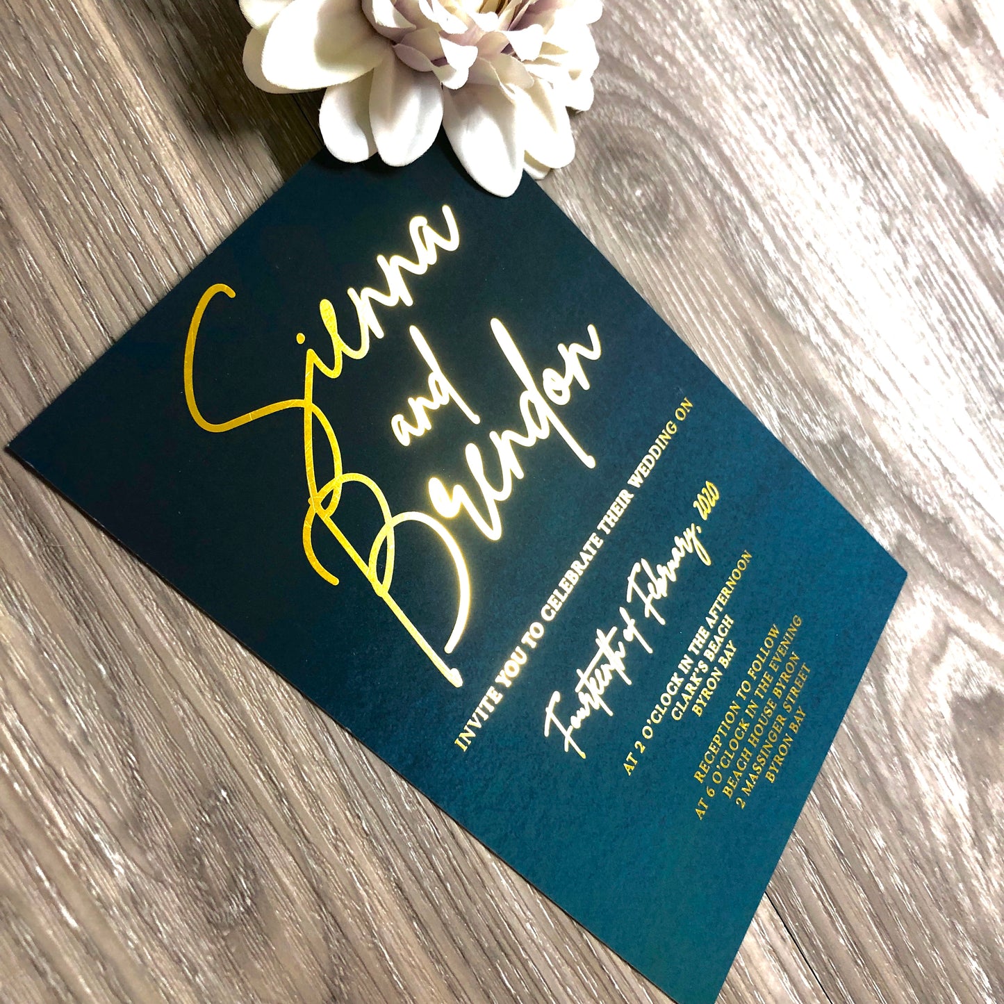 "Sienna Moody Blues" Navy Turquoise Ombre Watercolour Foil Invitation - Glitzy Prints