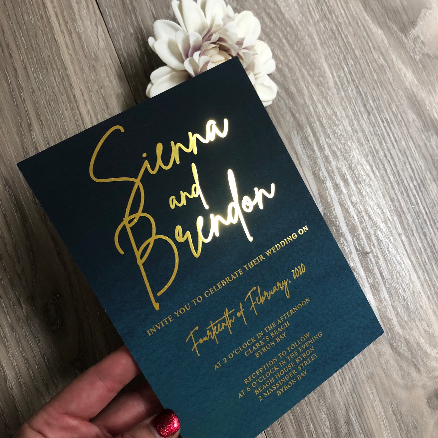 "Sienna Moody Blues" Navy Turquoise Ombre Watercolour Foil Invitation - Glitzy Prints