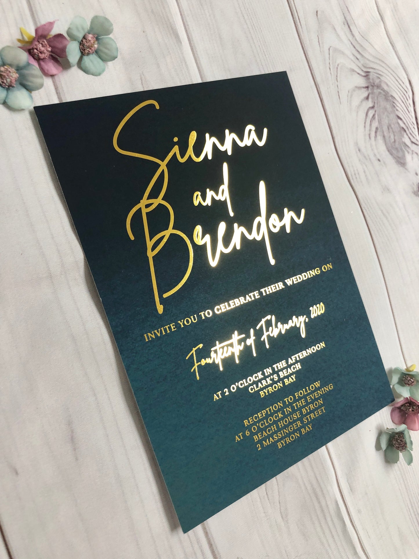 "Sienna Moody Blues" Navy Turquoise Ombre Watercolour Foil Invitation - Glitzy Prints