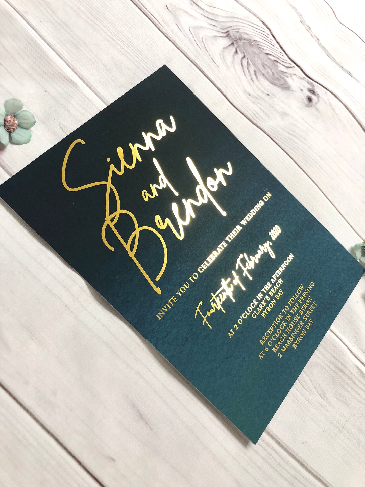 "Sienna Moody Blues" Navy Turquoise Ombre Watercolour Foil Invitation - Glitzy Prints
