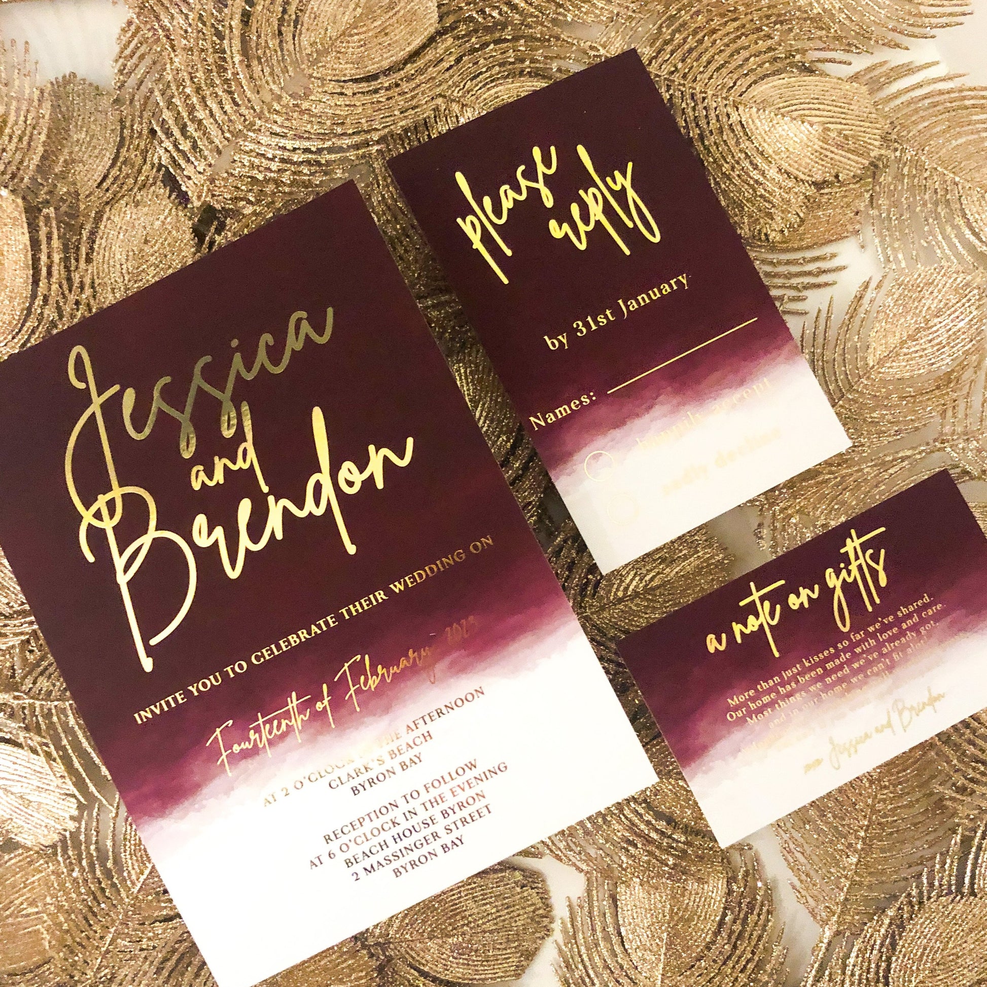 Burgundy Ombre Watercolour invitation with gold or silver foil - Glitzy Prints