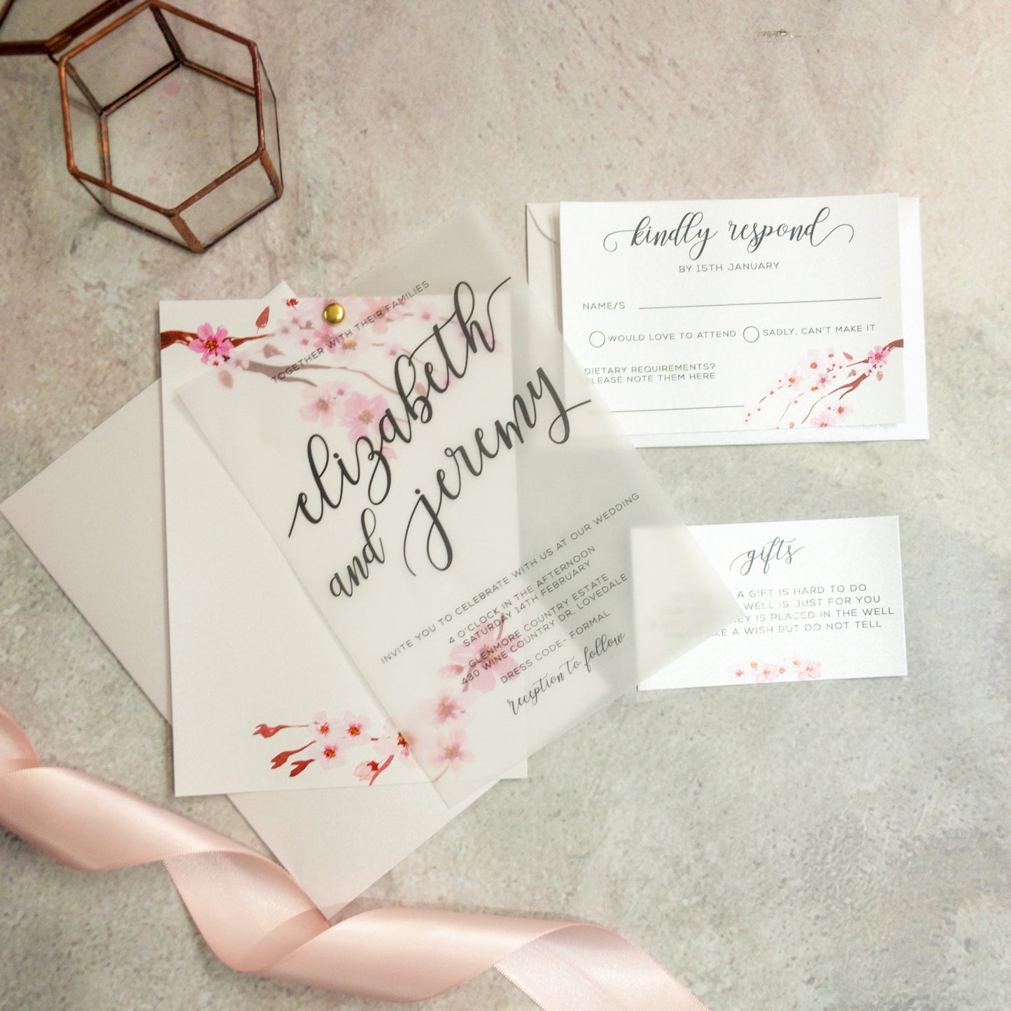 "Elizabeth" Vellum Cherry Blossom Wedding Invitation - Glitzy Prints