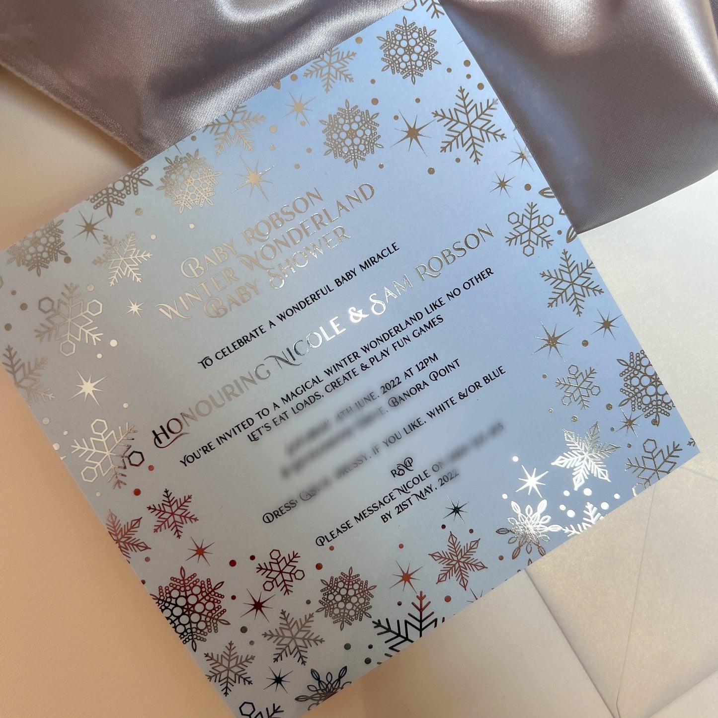 Silver Foil Snowflake Princess Party Baby Shower Christening Invitation
