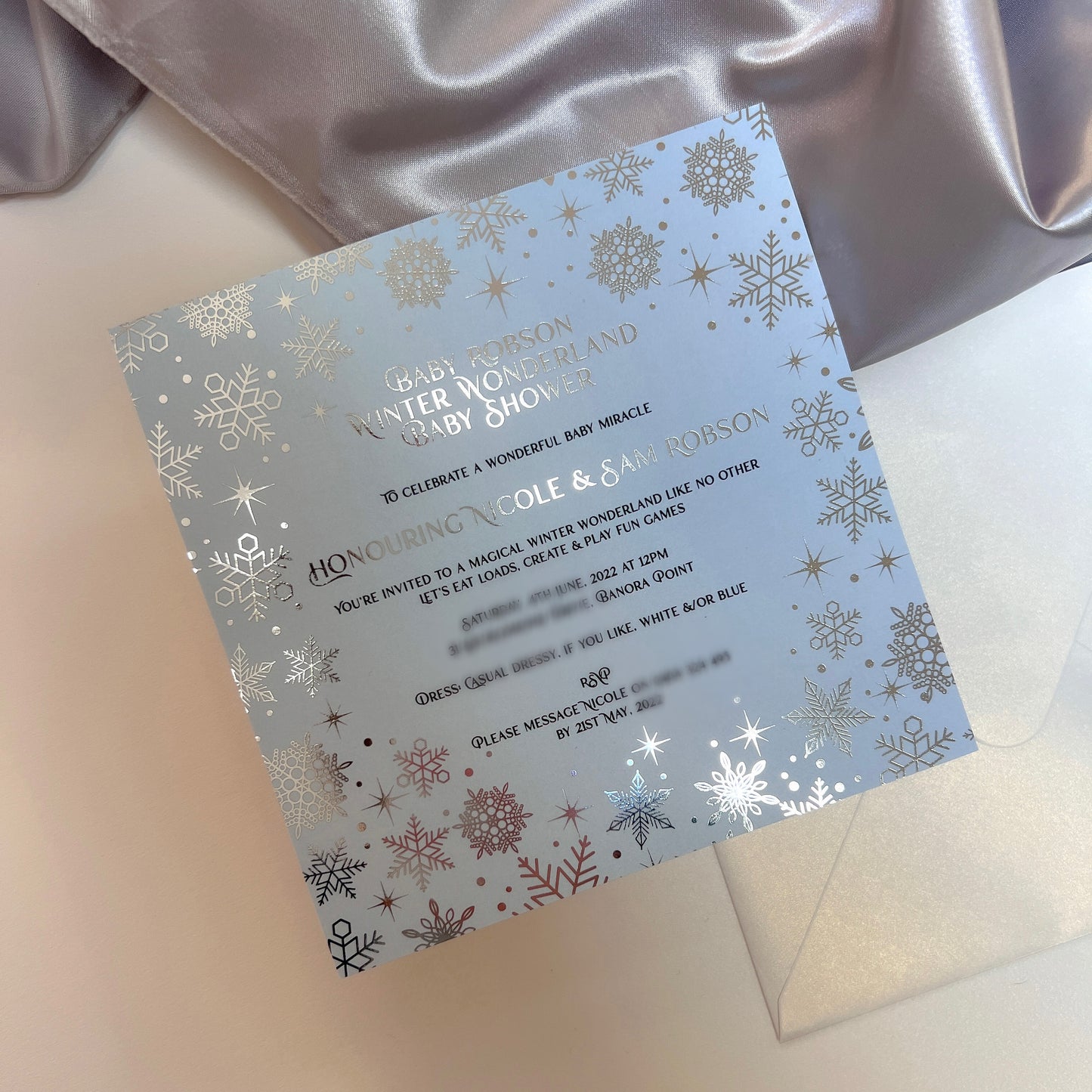 Silver Foil Snowflake Princess Party Baby Shower Christening Invitation