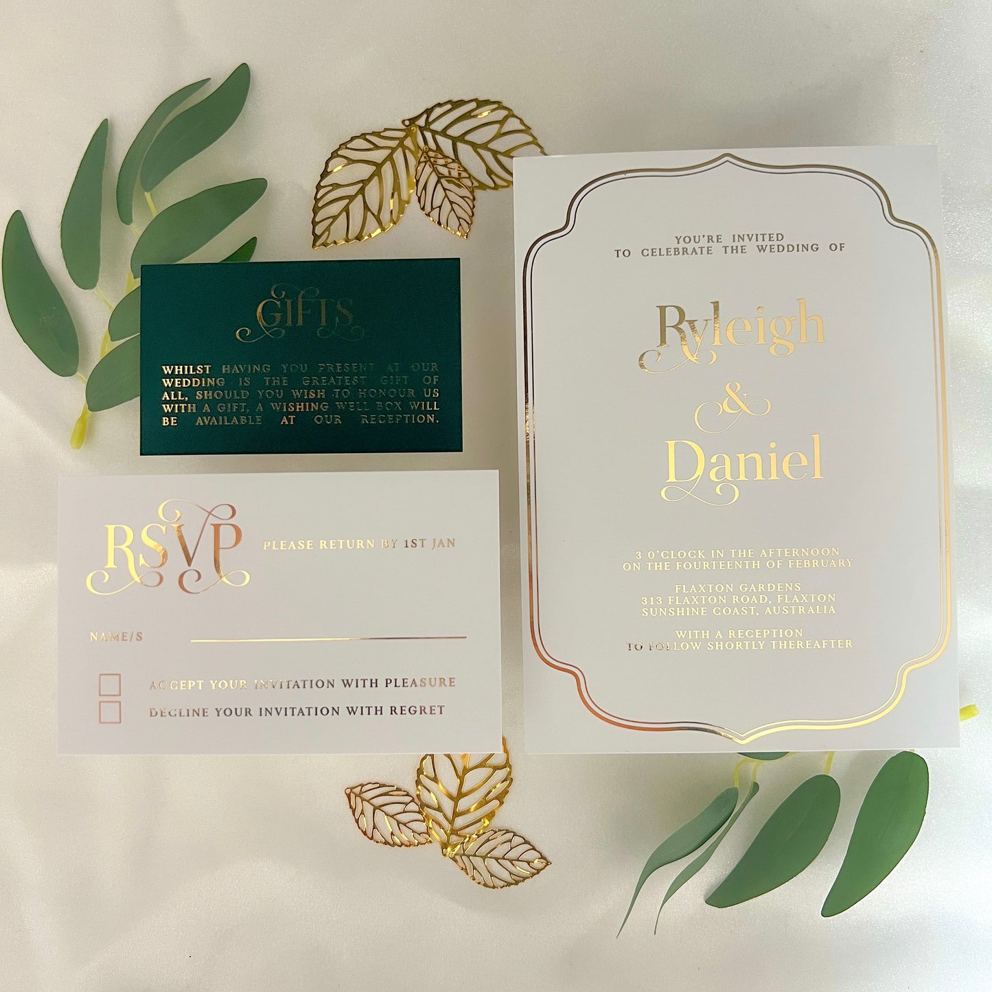 "Ryleigh" Gold Foil White and Forest Green Wedding Invitation Suite - Glitzy Prints