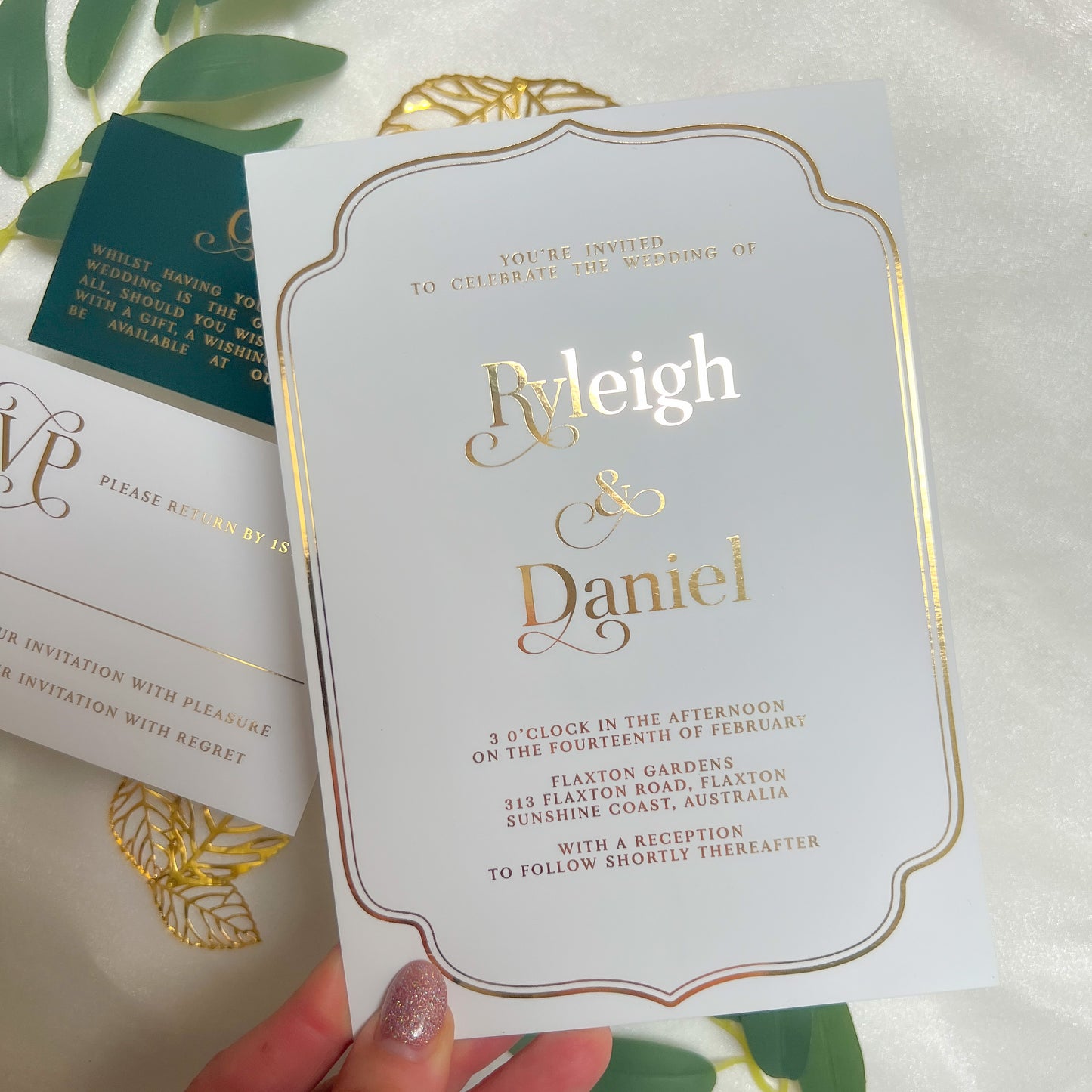"Ryleigh" Gold Foil White and Forest Green Wedding Invitation Suite - Glitzy Prints