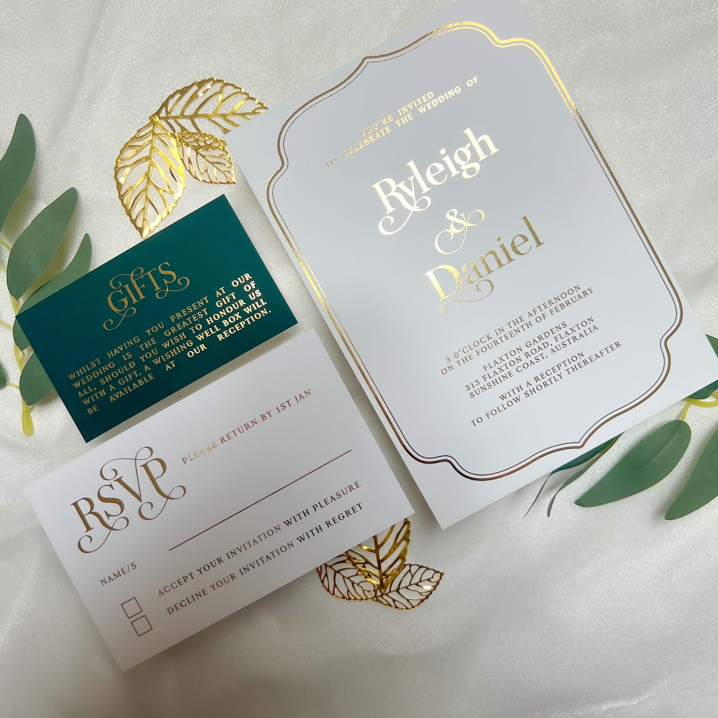 "Ryleigh" Gold Foil White and Forest Green Wedding Invitation Suite - Glitzy Prints