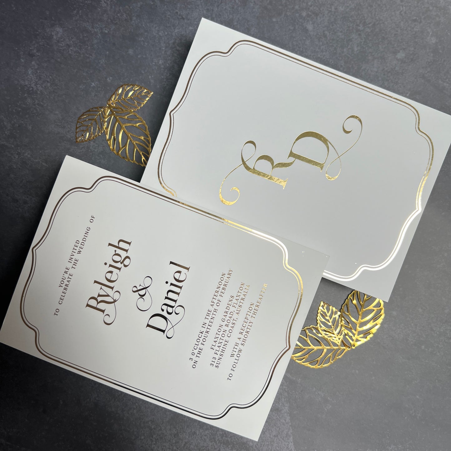 "Ryleigh" Gold Foil White and Forest Green Wedding Invitation Suite - Glitzy Prints