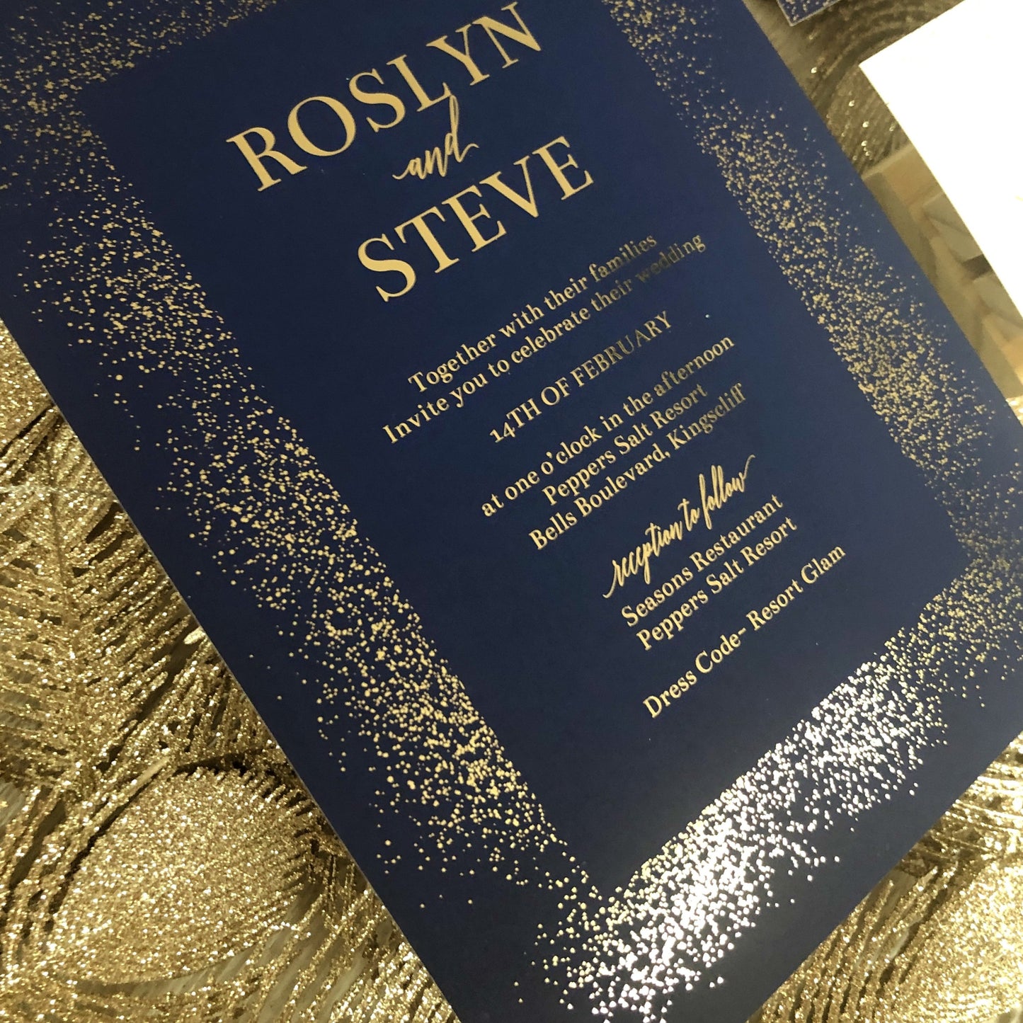 "Rosyln" Navy and Gold Foil Glitter Confetti Wedding Invitation - Glitzy Prints