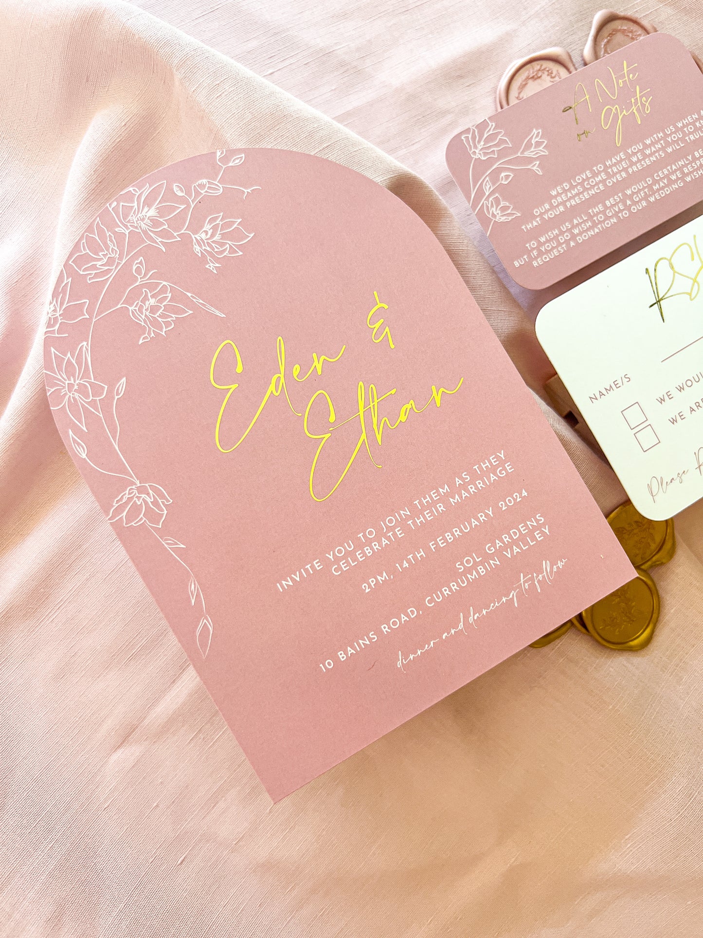 "Eden" Gold Foil Dusty Pink Arch Wedding Invitation Suite - Glitzy Prints