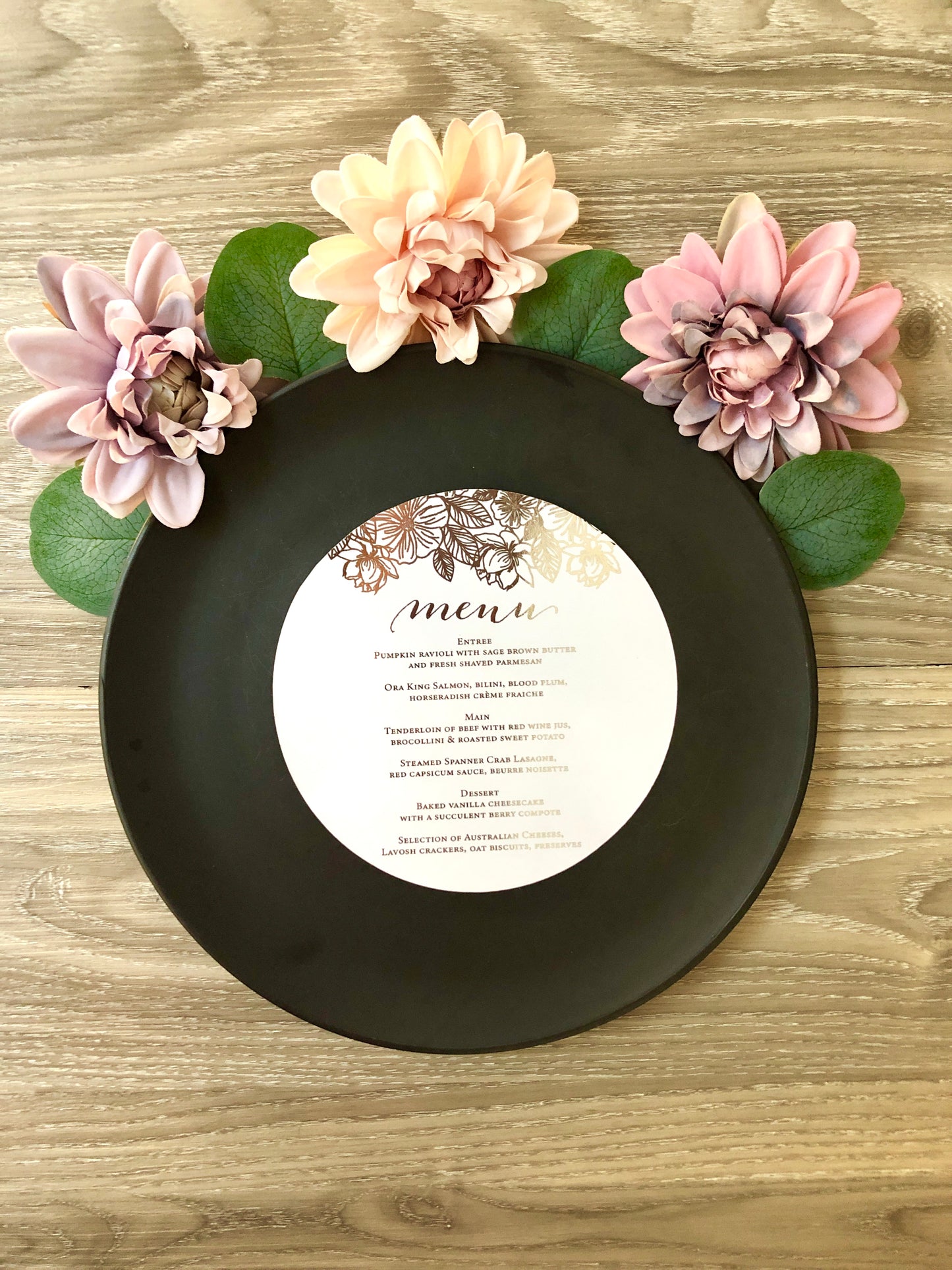 Gold, or Silver Foil Round Flower Menu - Glitzy Prints