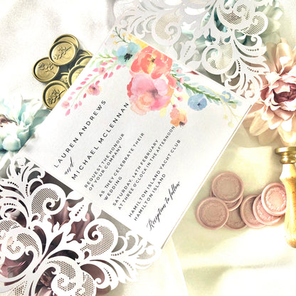Lauren Laser Cut Rustic Watercolour Flower Wedding Invitation - Glitzy Prints
