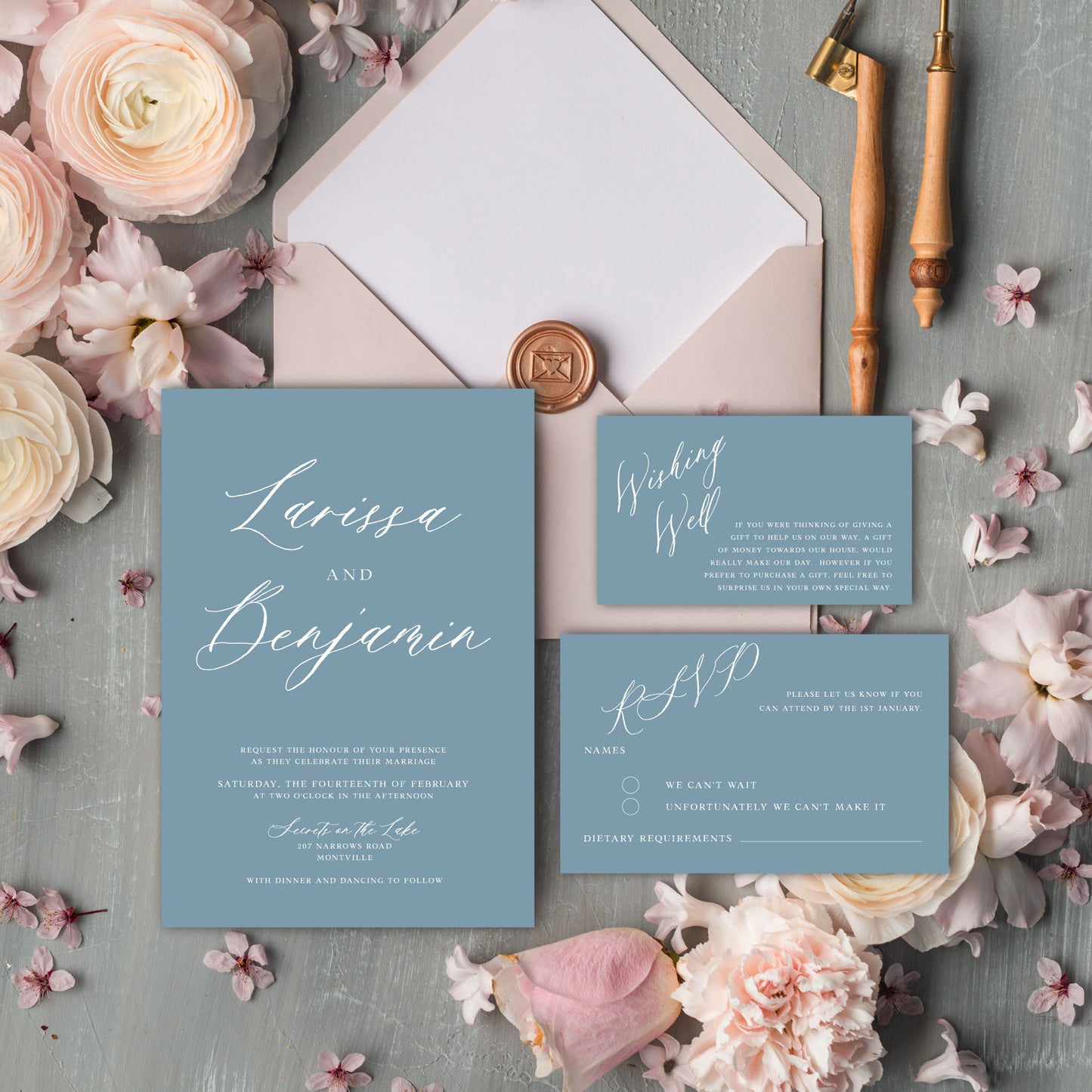 "Larissa" Dusty Blue Invitation Suite - Glitzy Prints