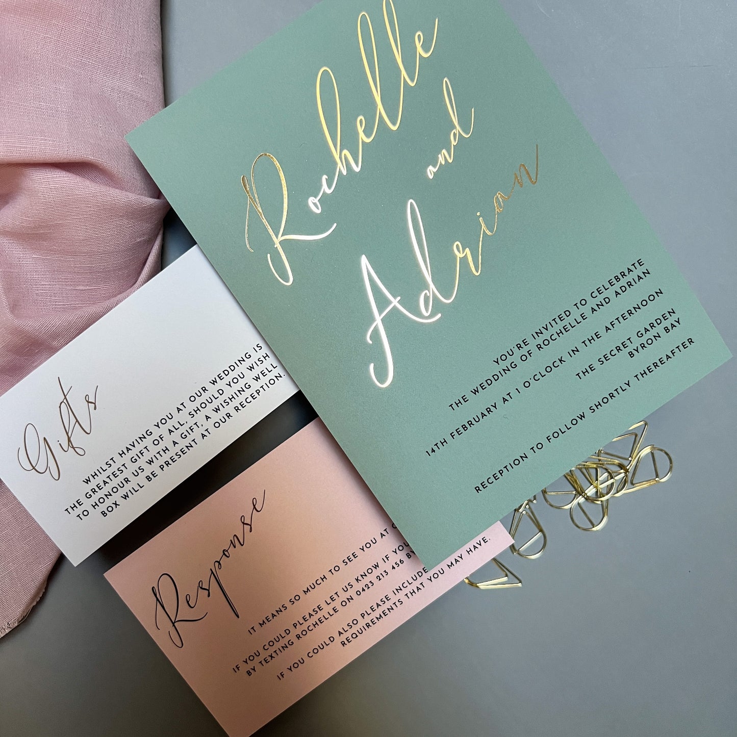 "Rochelle" Sage Green and Gold Foil Wedding Invitation Suite - Glitzy Prints